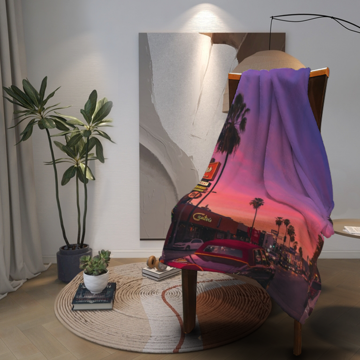 Los Angeles Sunset Street Flannel Throw Blanket ¨C Palm Trees and Cityscape