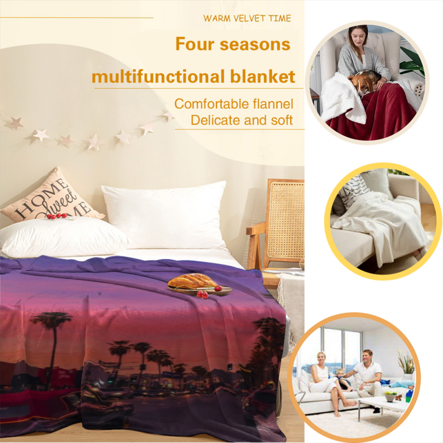 Los Angeles Sunset Street Flannel Throw Blanket ¨C Palm Trees and Cityscape