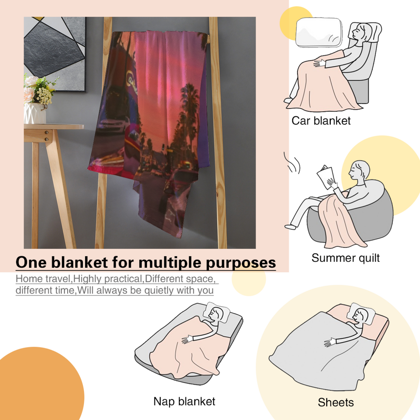 Los Angeles Sunset Street Flannel Throw Blanket ¨C Palm Trees and Cityscape