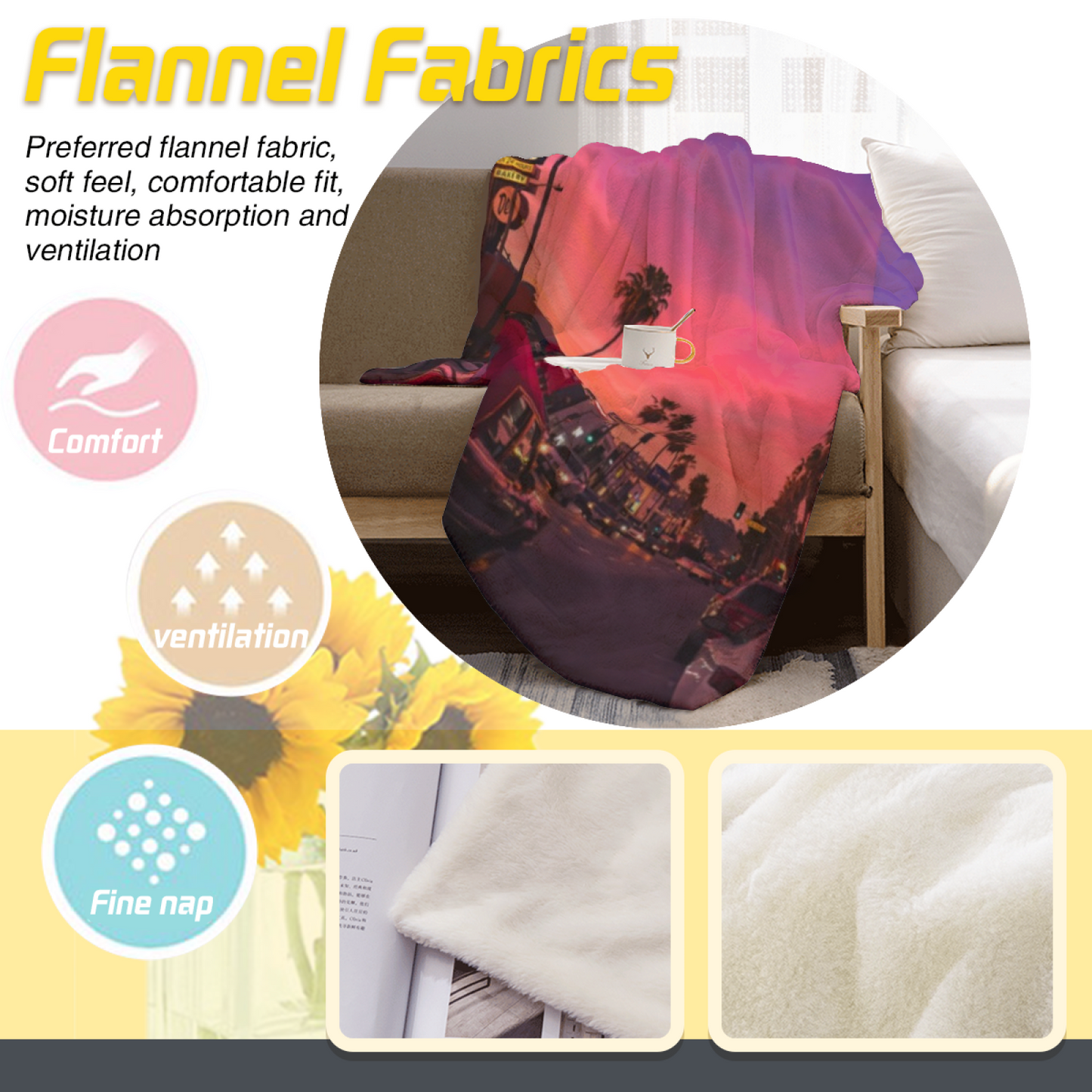 Los Angeles Sunset Street Flannel Throw Blanket ¨C Palm Trees and Cityscape