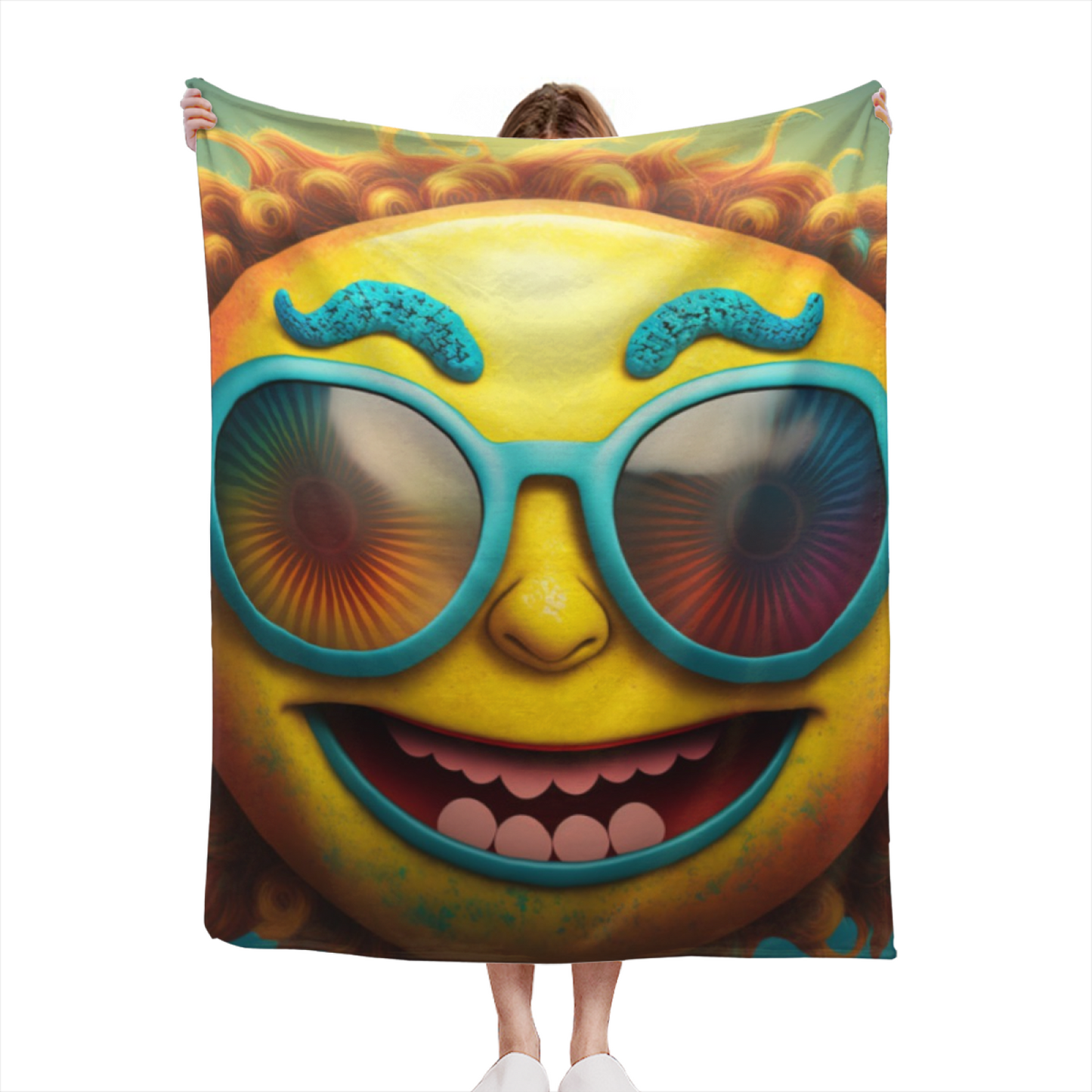 Funny Yellow Cartoon Face Throw Blanket ¨C Colorful Oversized Glasses Character Design