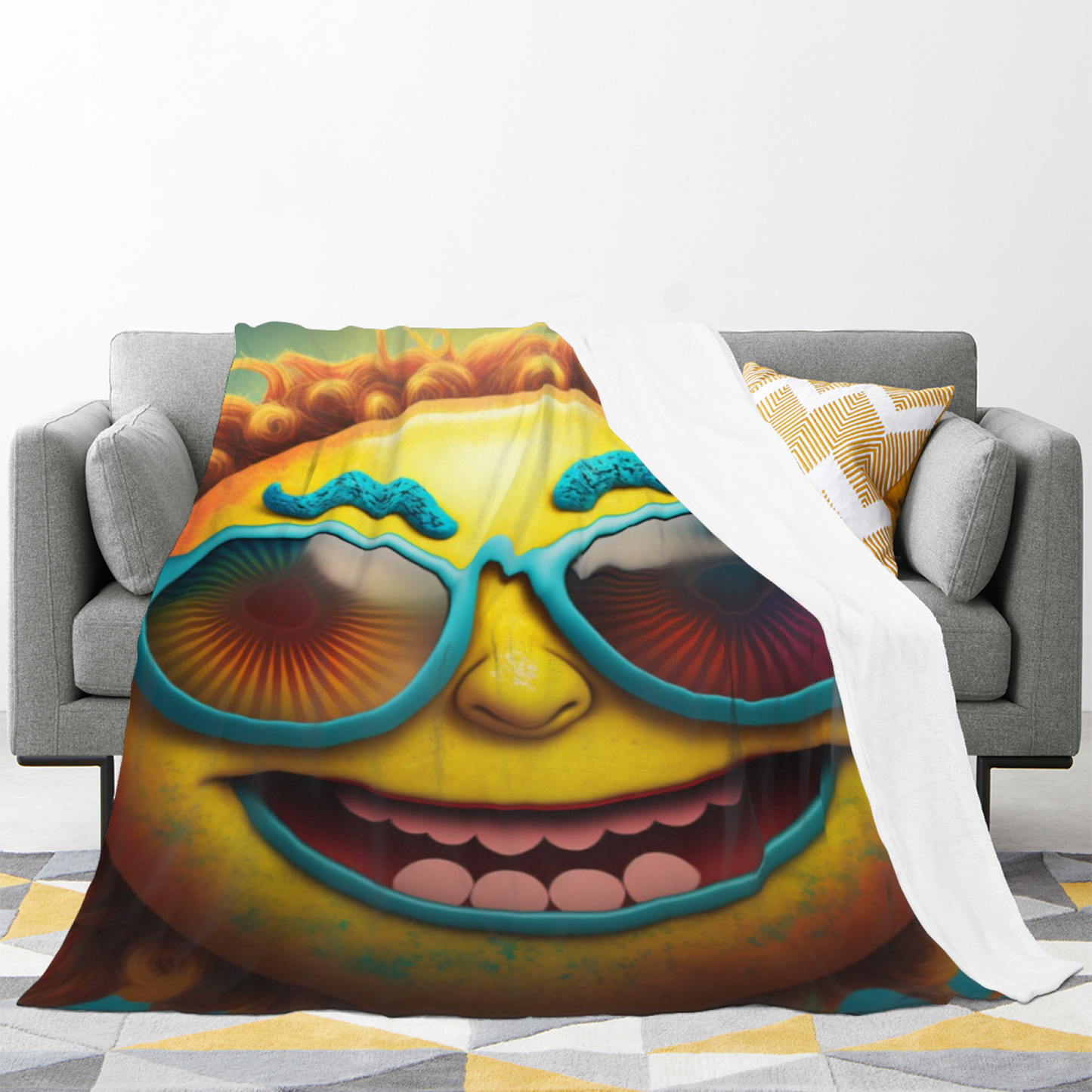 Funny Yellow Cartoon Face Throw Blanket ¨C Colorful Oversized Glasses Character Design
