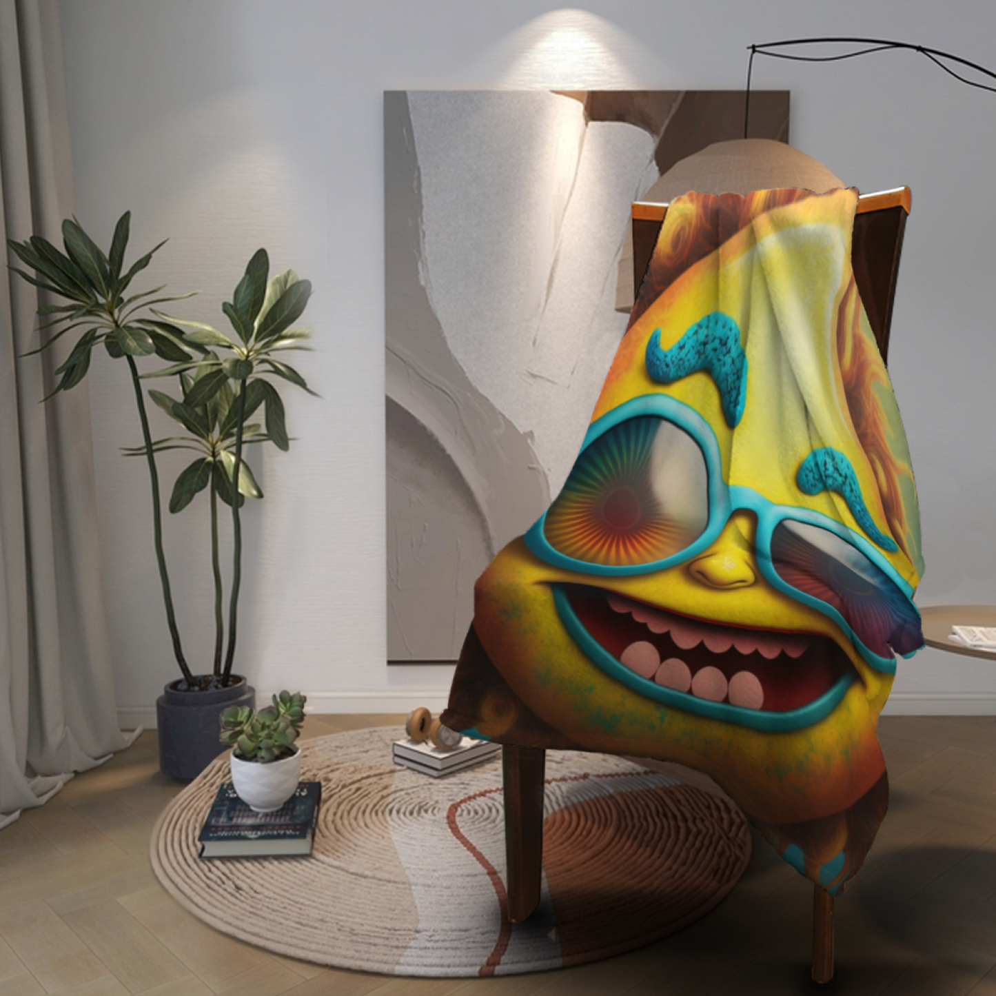 Funny Yellow Cartoon Face Throw Blanket ¨C Colorful Oversized Glasses Character Design