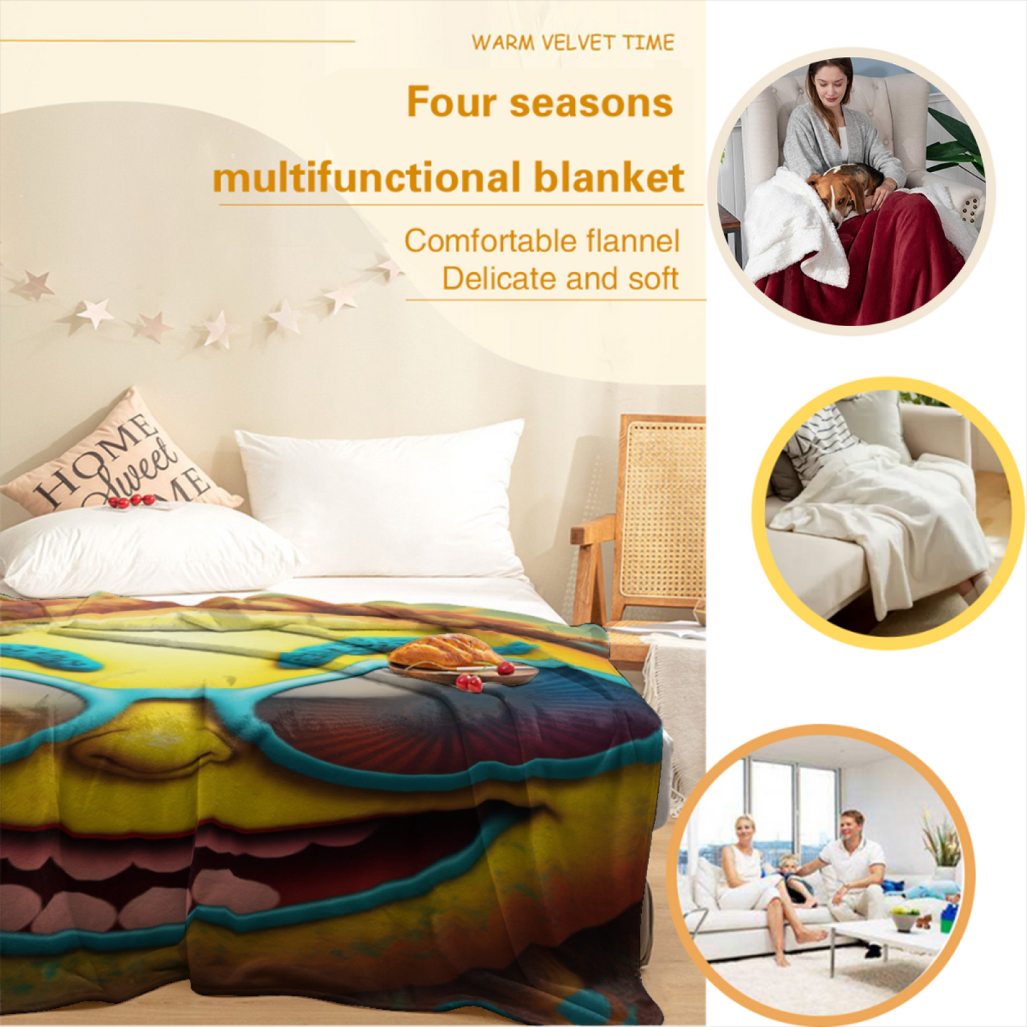 Funny Yellow Cartoon Face Throw Blanket ¨C Colorful Oversized Glasses Character Design