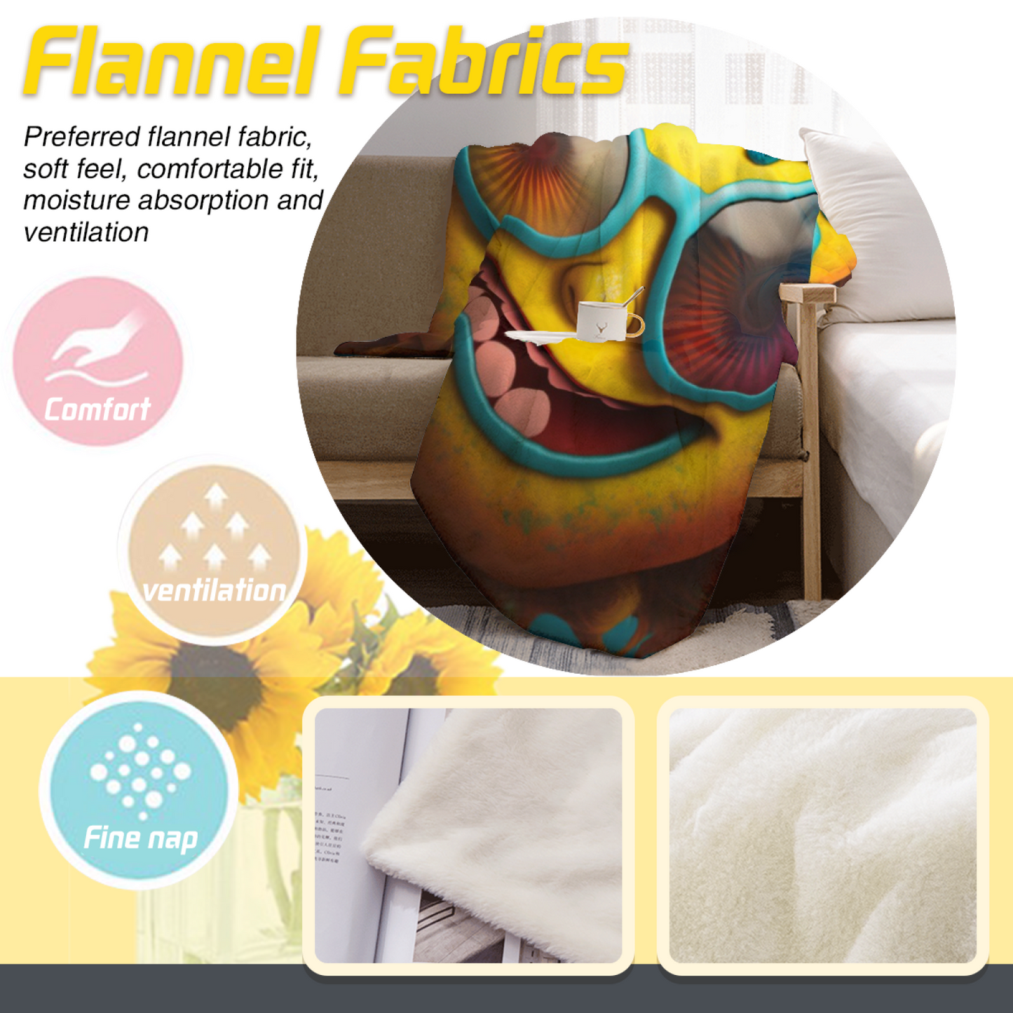 Funny Yellow Cartoon Face Throw Blanket ¨C Colorful Oversized Glasses Character Design