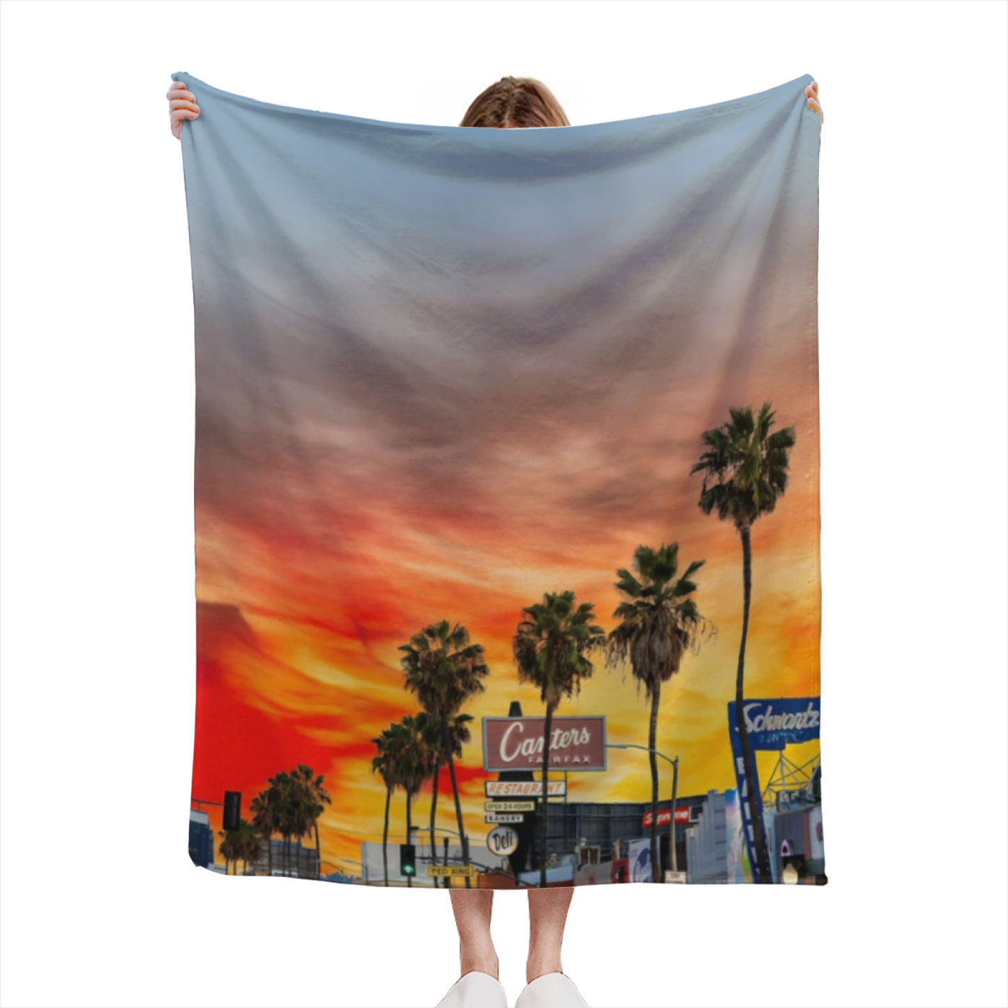 Los Angeles Sunset Flannel Throw Blanket ¨C Palm Trees and Golden Sky