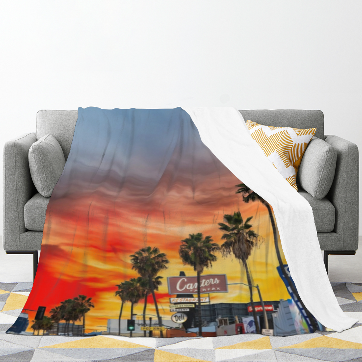 Los Angeles Sunset Flannel Throw Blanket ¨C Palm Trees and Golden Sky