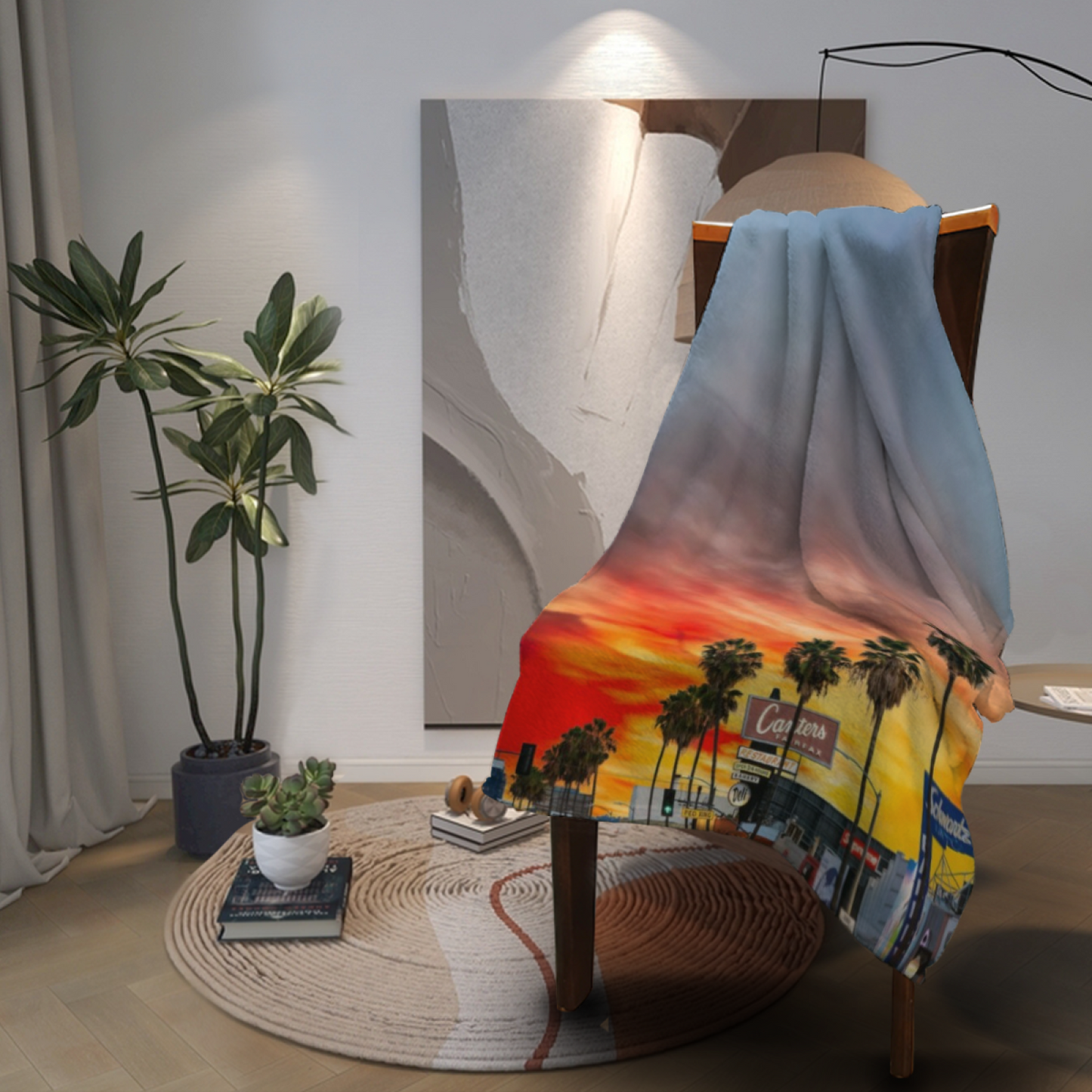 Los Angeles Sunset Flannel Throw Blanket ¨C Palm Trees and Golden Sky