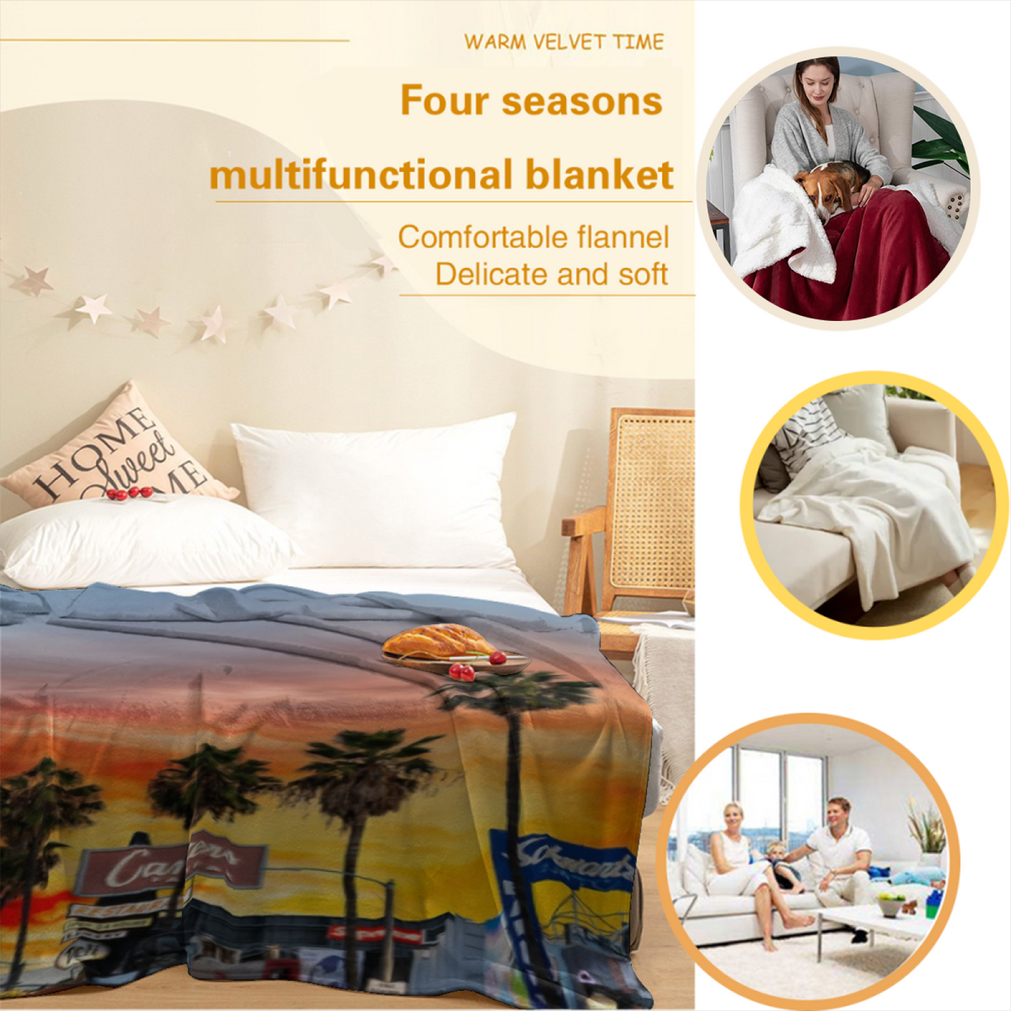 Los Angeles Sunset Flannel Throw Blanket ¨C Palm Trees and Golden Sky