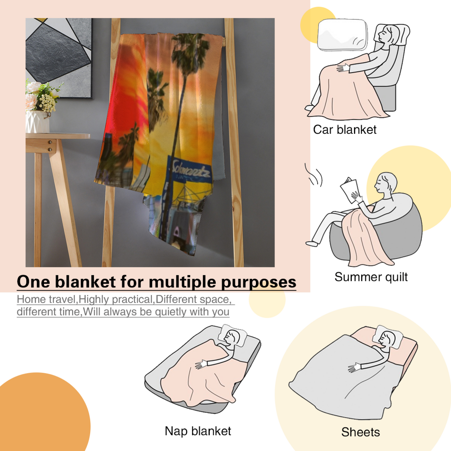 Los Angeles Sunset Flannel Throw Blanket ¨C Palm Trees and Golden Sky
