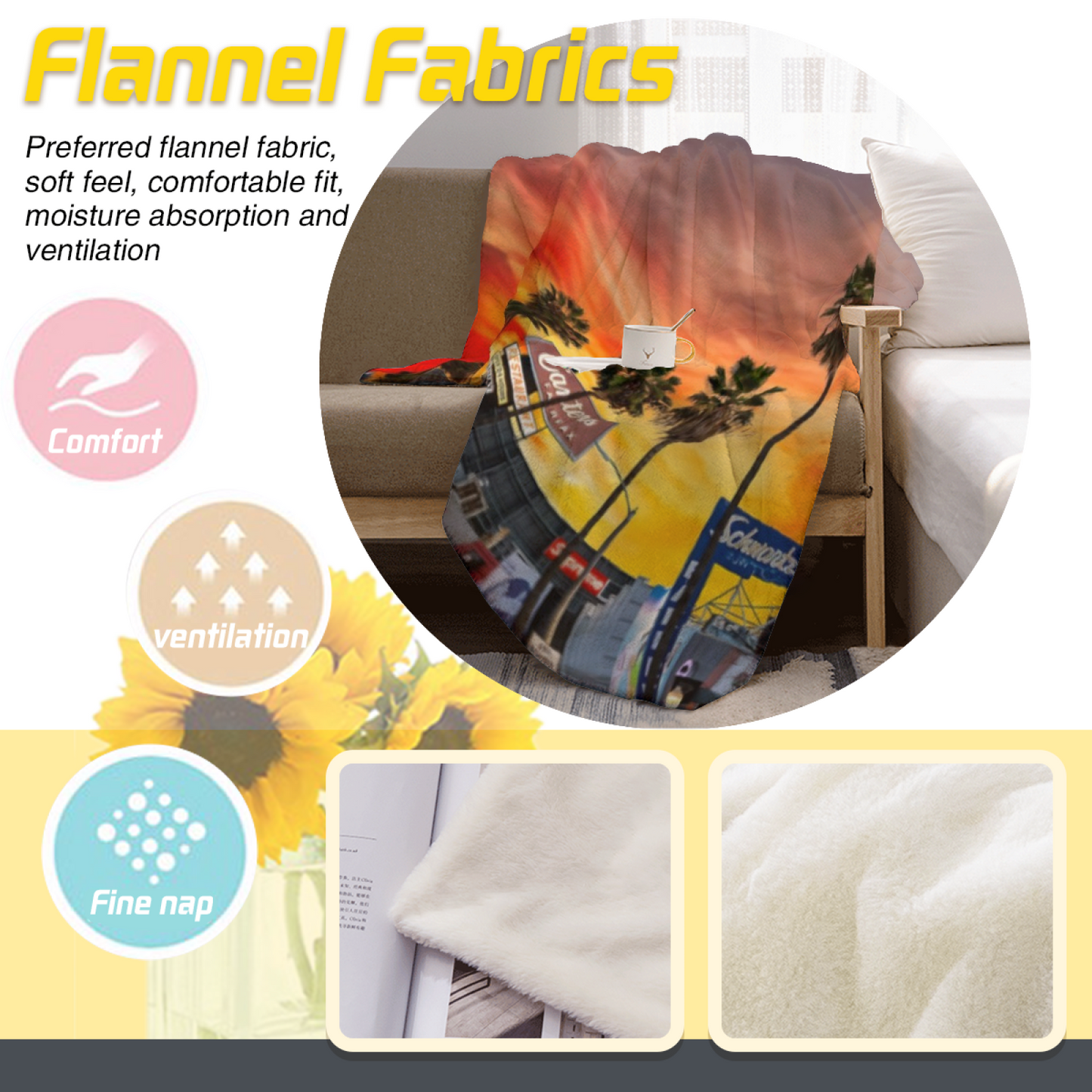 Los Angeles Sunset Flannel Throw Blanket ¨C Palm Trees and Golden Sky