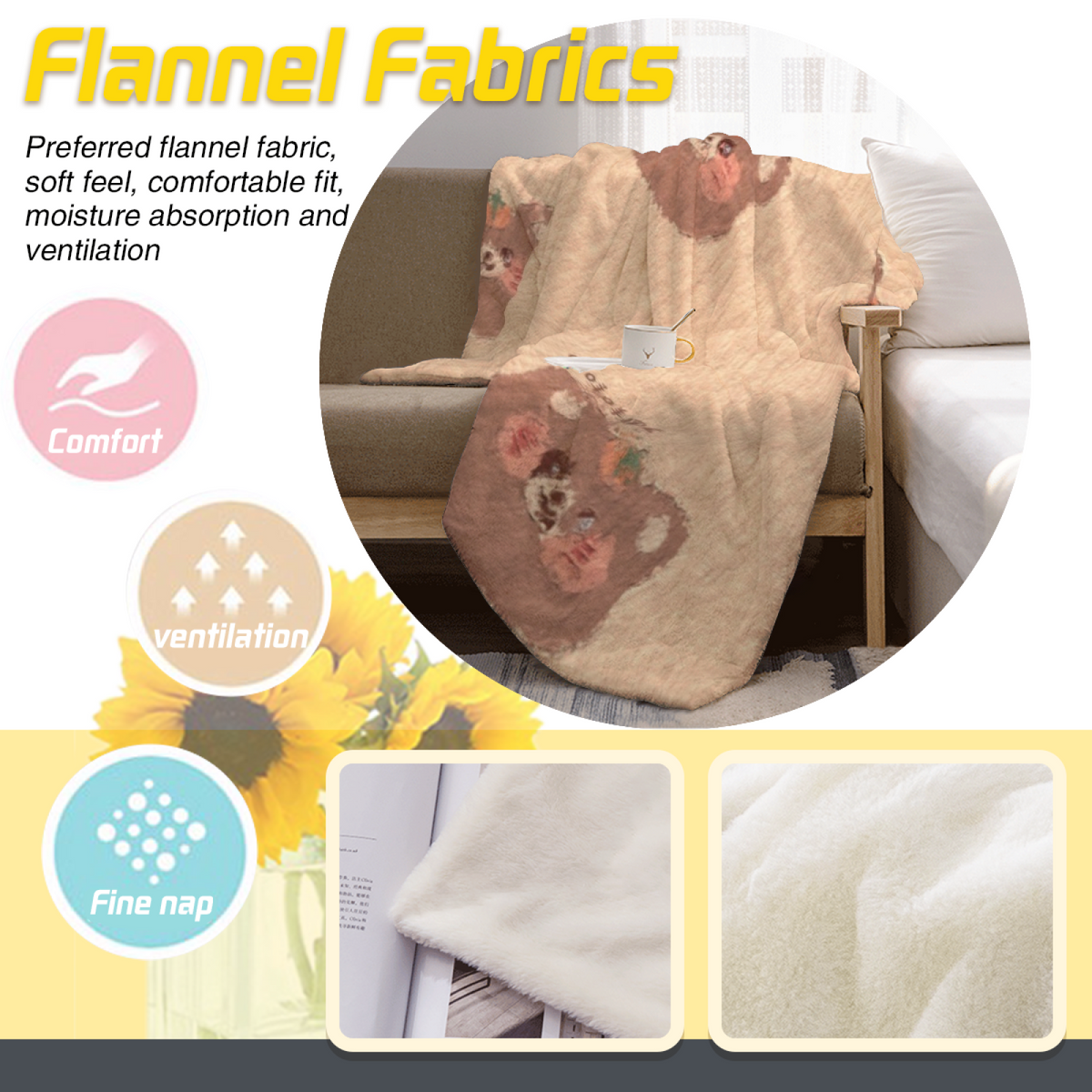 Tiny Brown Bear Pattern Lightweight Flannel Throw