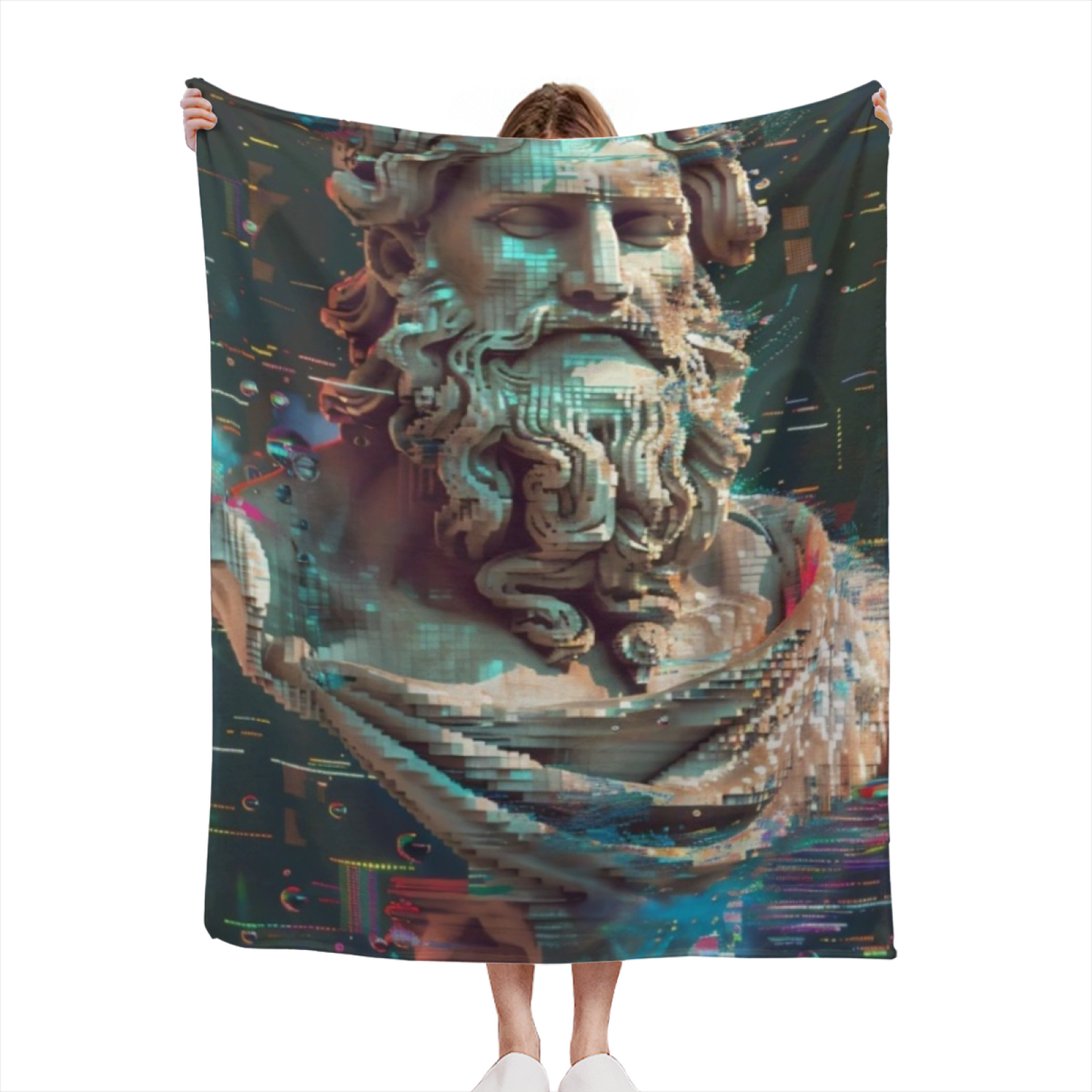Cyberpunk Ancient Statue Flannel Throw Blanket ¨C Glitch Art Digital Design