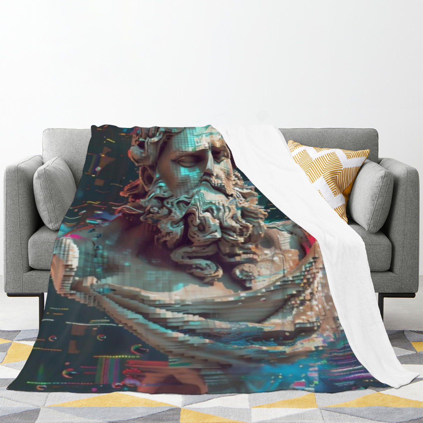 Cyberpunk Ancient Statue Flannel Throw Blanket ¨C Glitch Art Digital Design