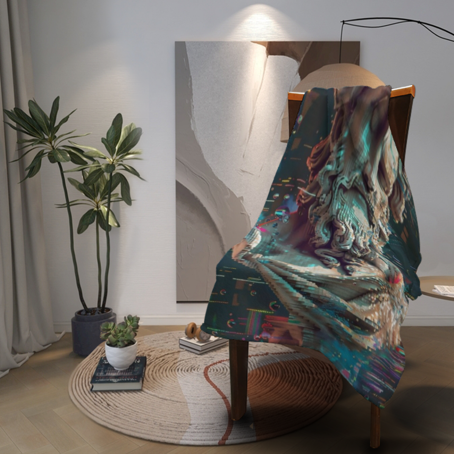 Cyberpunk Ancient Statue Flannel Throw Blanket ¨C Glitch Art Digital Design