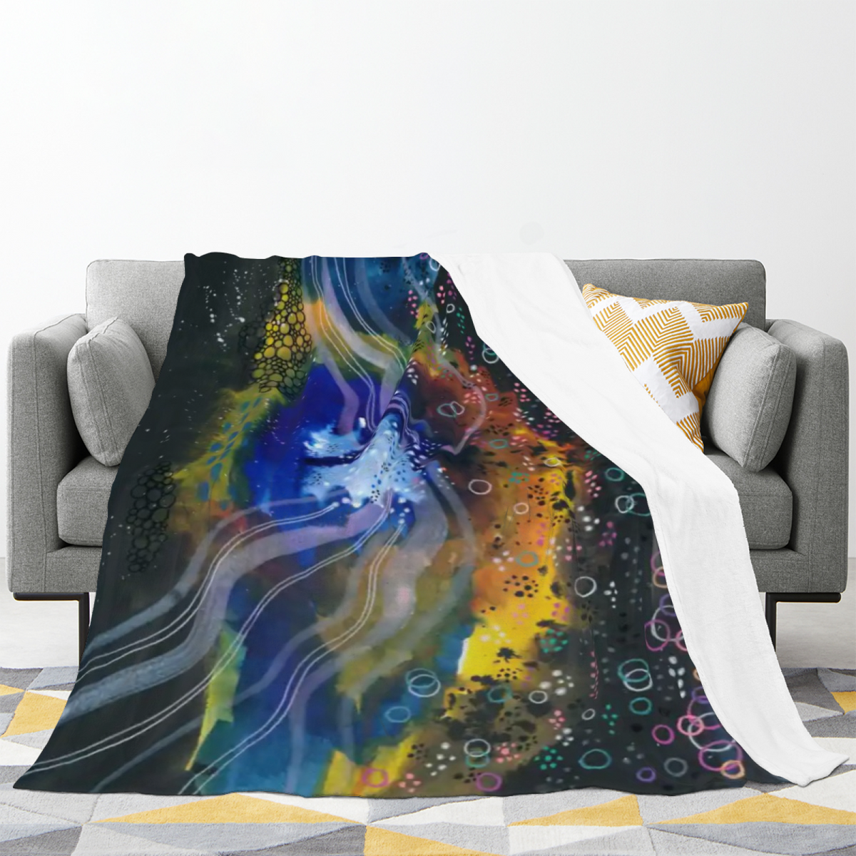 Celestial Flora Expressive Print Cozy Flannel Bed Blanket in Dusty Lilac
