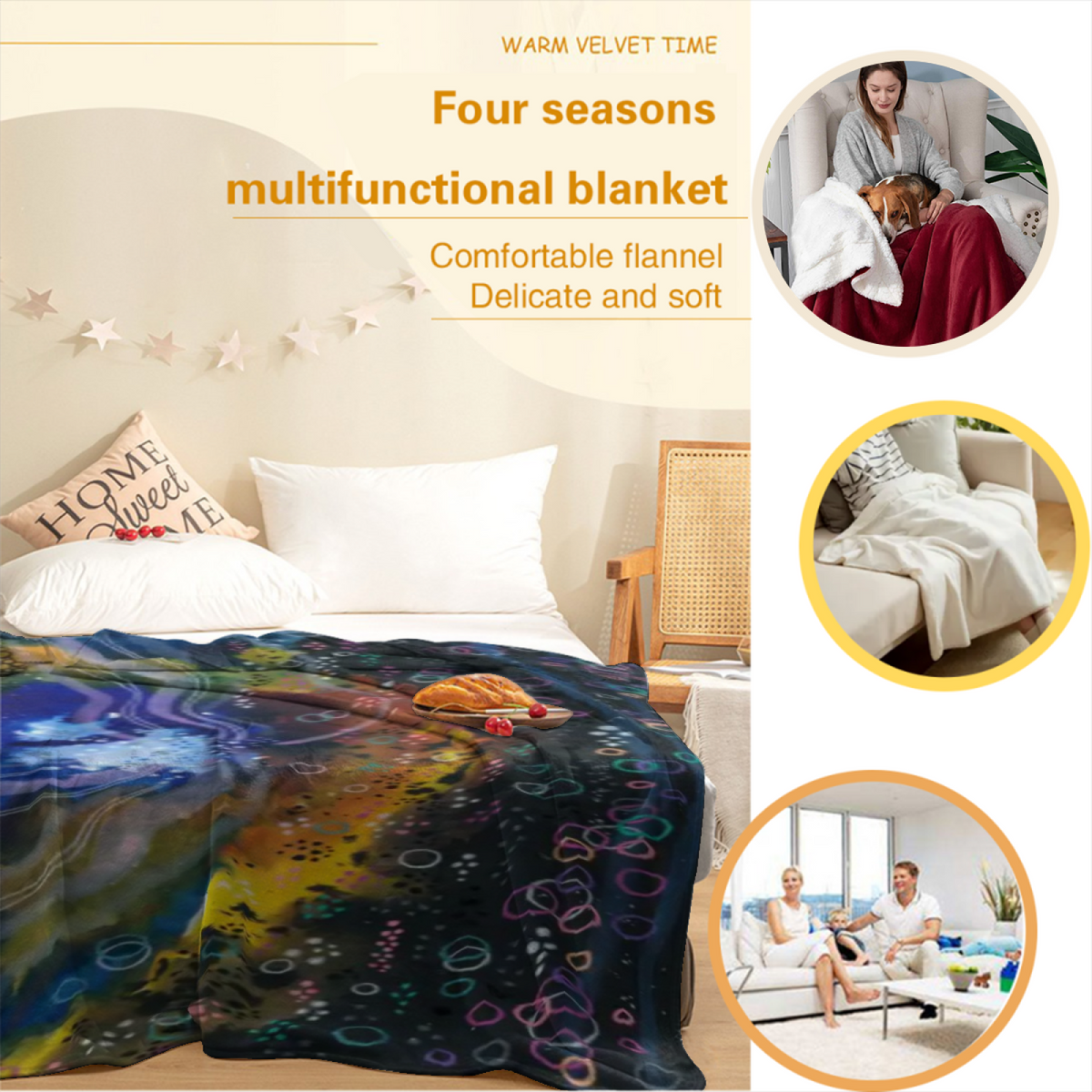Celestial Flora Expressive Print Cozy Flannel Bed Blanket in Dusty Lilac