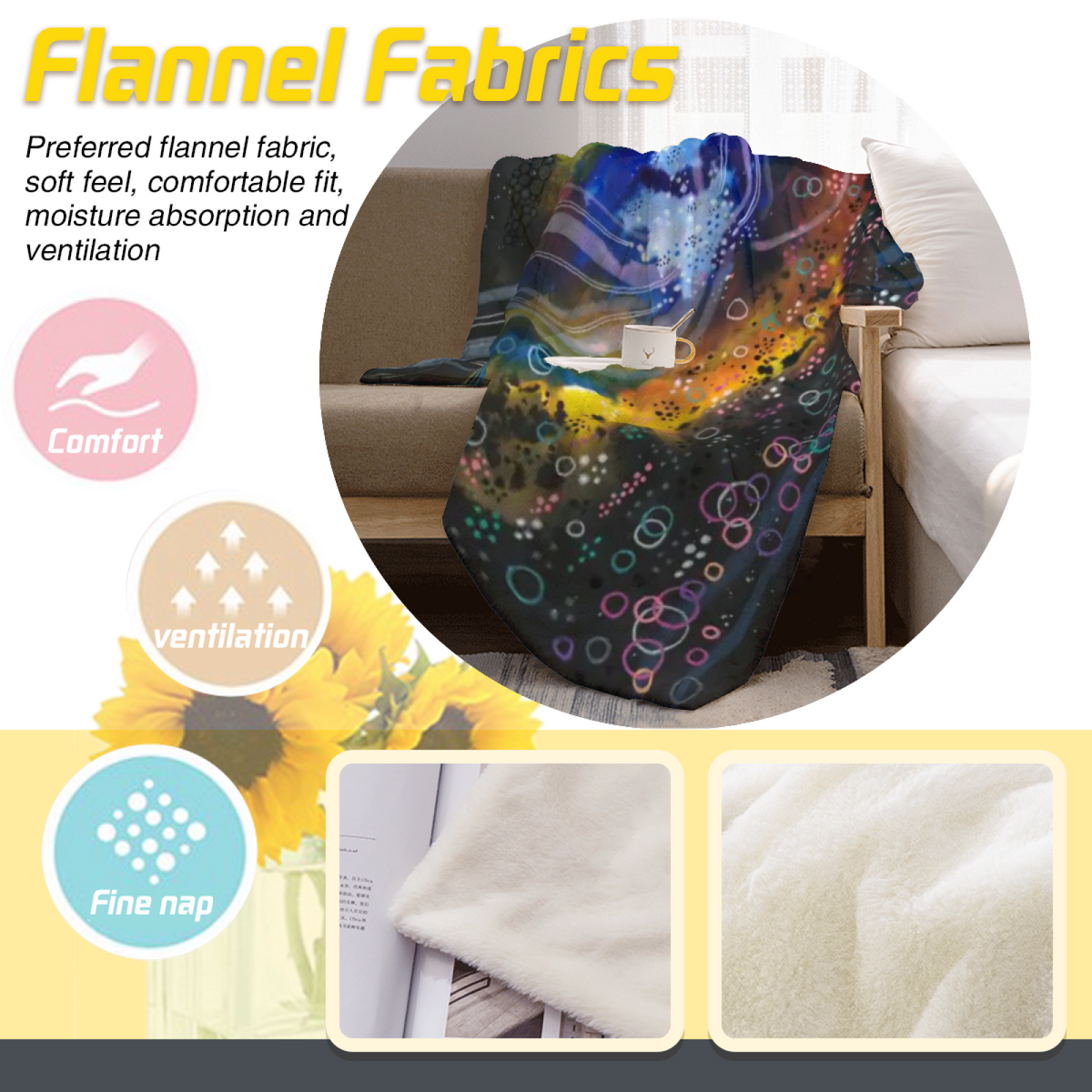 Celestial Flora Expressive Print Cozy Flannel Bed Blanket in Dusty Lilac