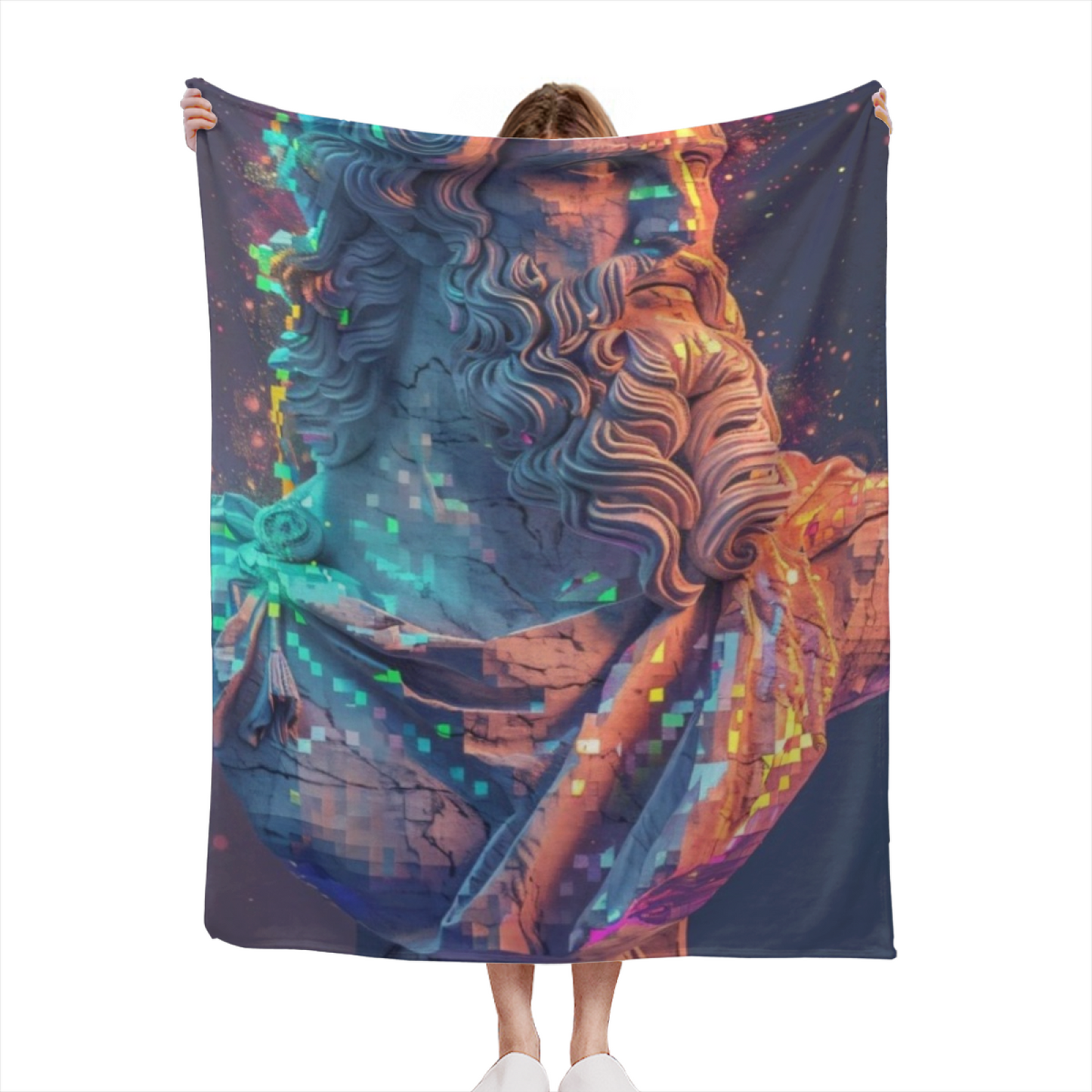 Cyberpunk Classical Statue Flannel Throw Blanket ¨C Neon Glitch Art Design