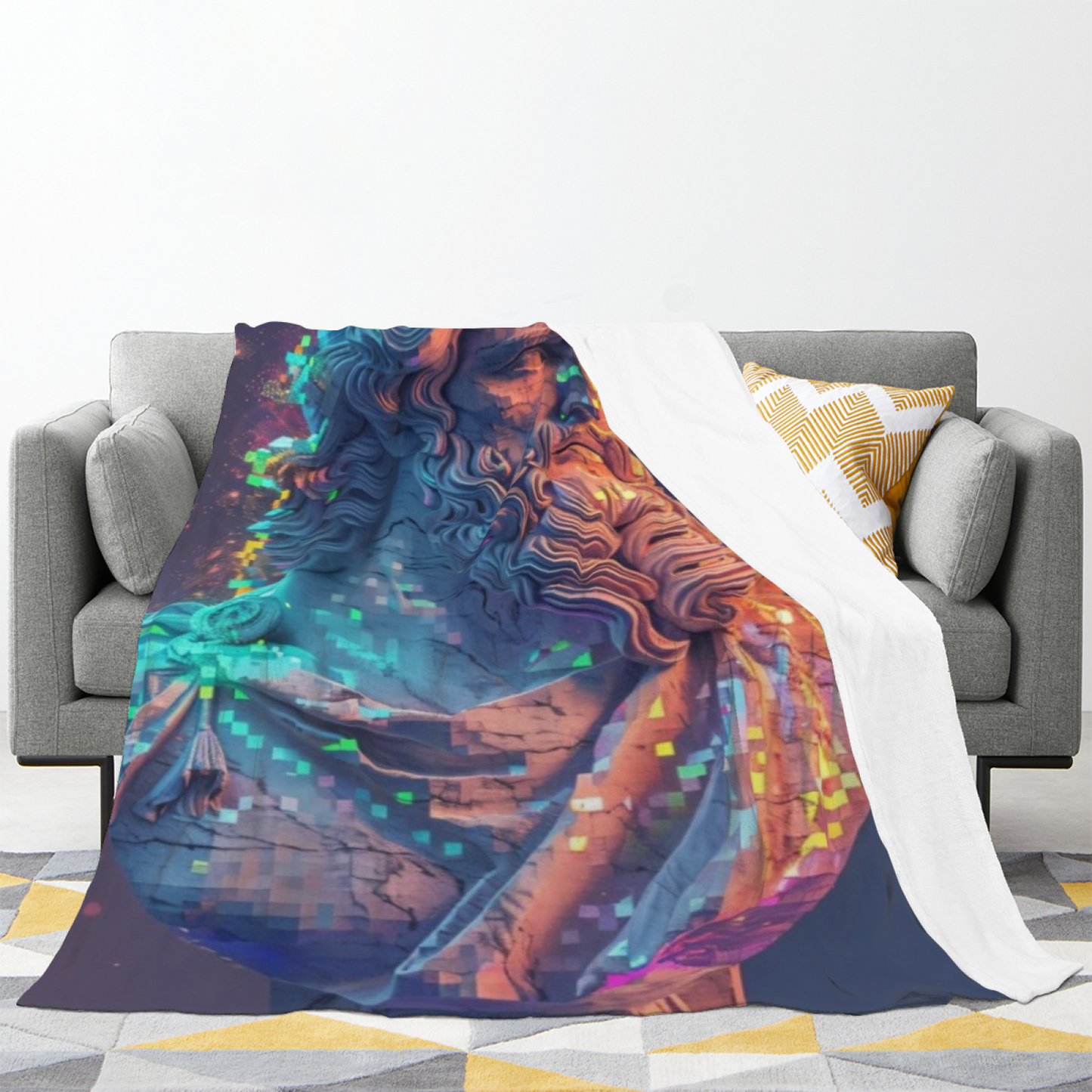 Cyberpunk Classical Statue Flannel Throw Blanket ¨C Neon Glitch Art Design