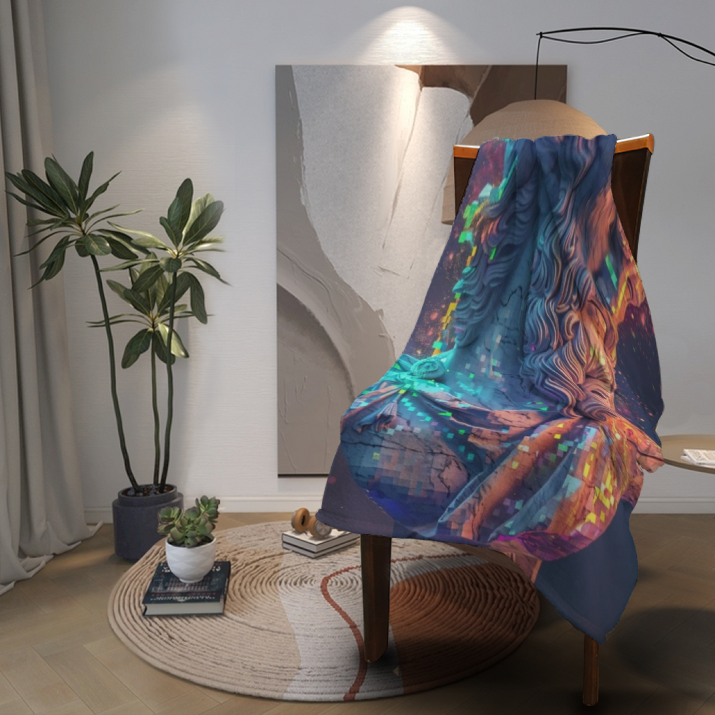 Cyberpunk Classical Statue Flannel Throw Blanket ¨C Neon Glitch Art Design