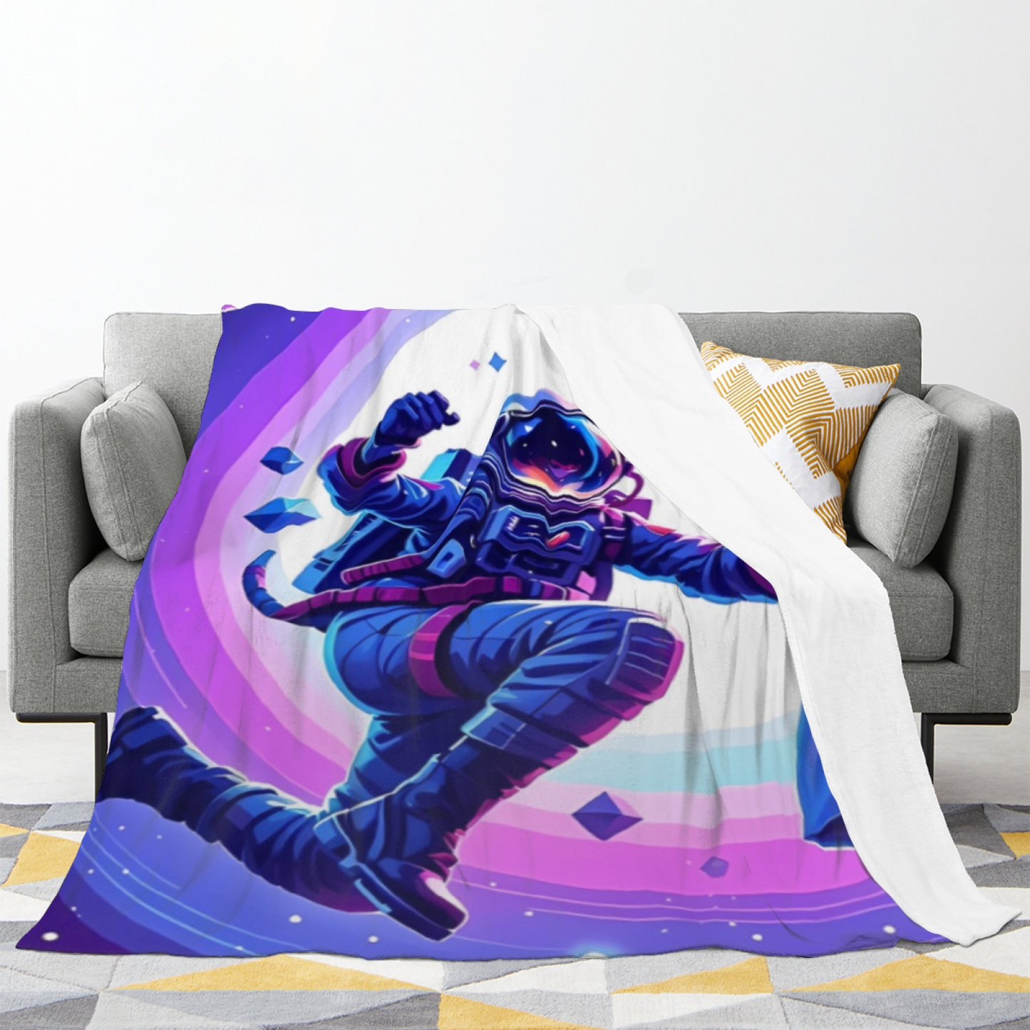 Astronaut Galaxy Flannel Throw Blanket ¨C Blue and Purple Cosmic Adventure