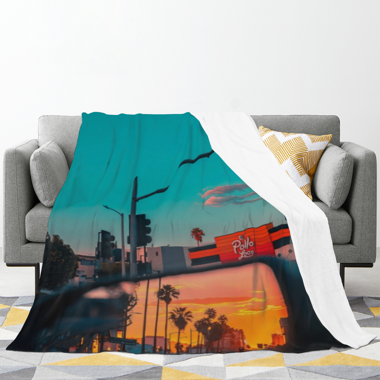 Los Angeles Sunset Reflection Flannel Throw Blanket ¨C Palm Tree Cityscape