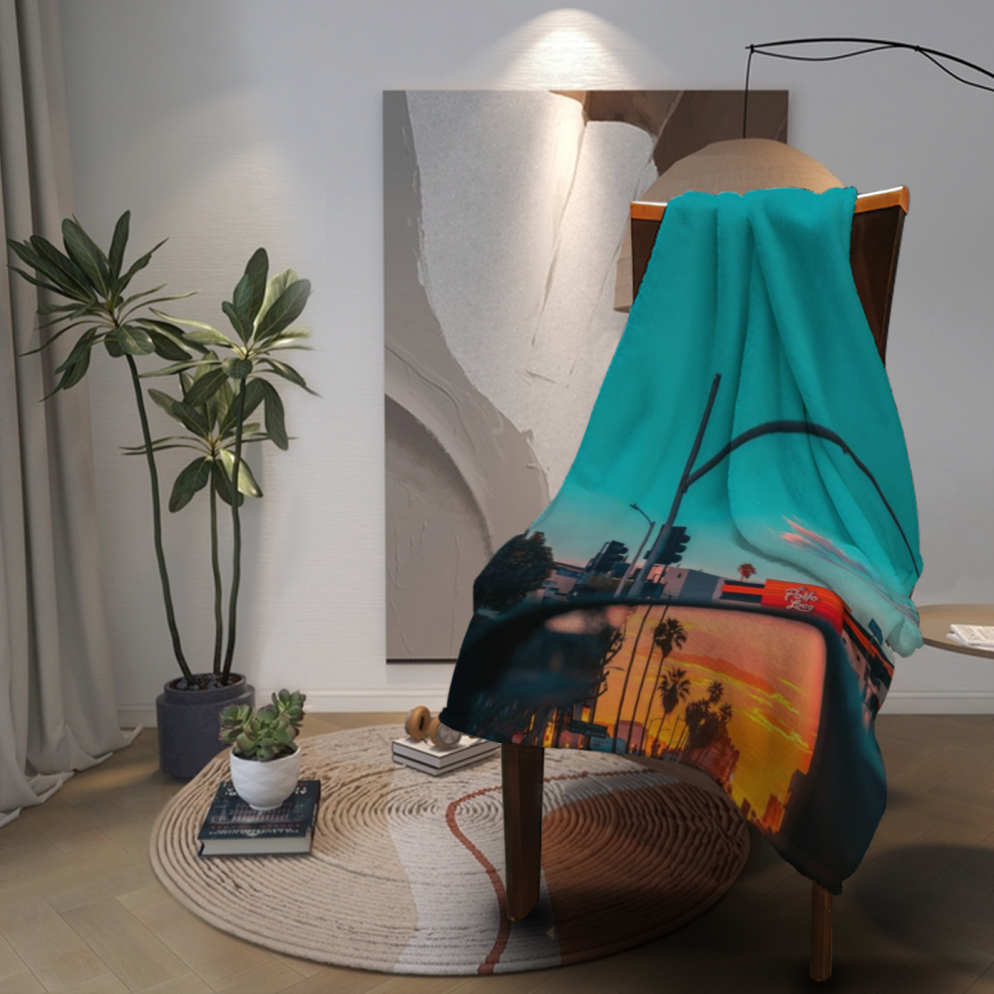 Los Angeles Sunset Reflection Flannel Throw Blanket ¨C Palm Tree Cityscape