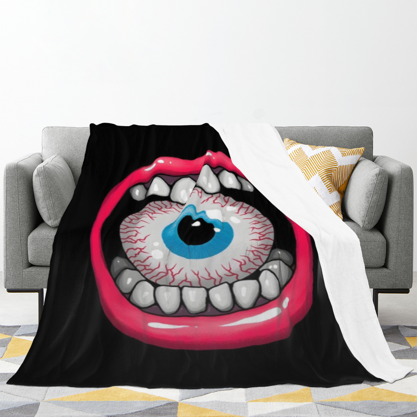 Giant Eye and Teeth Flannel Throw Blanket ¨C Bold Horror Mouth Graphic