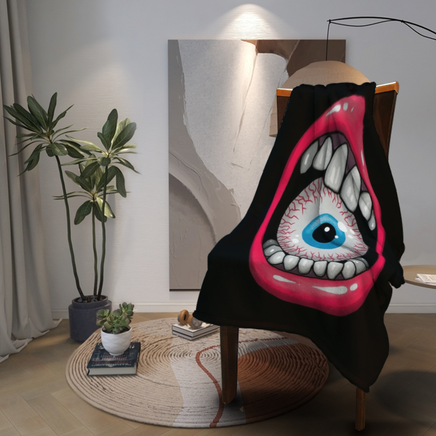 Giant Eye and Teeth Flannel Throw Blanket ¨C Bold Horror Mouth Graphic