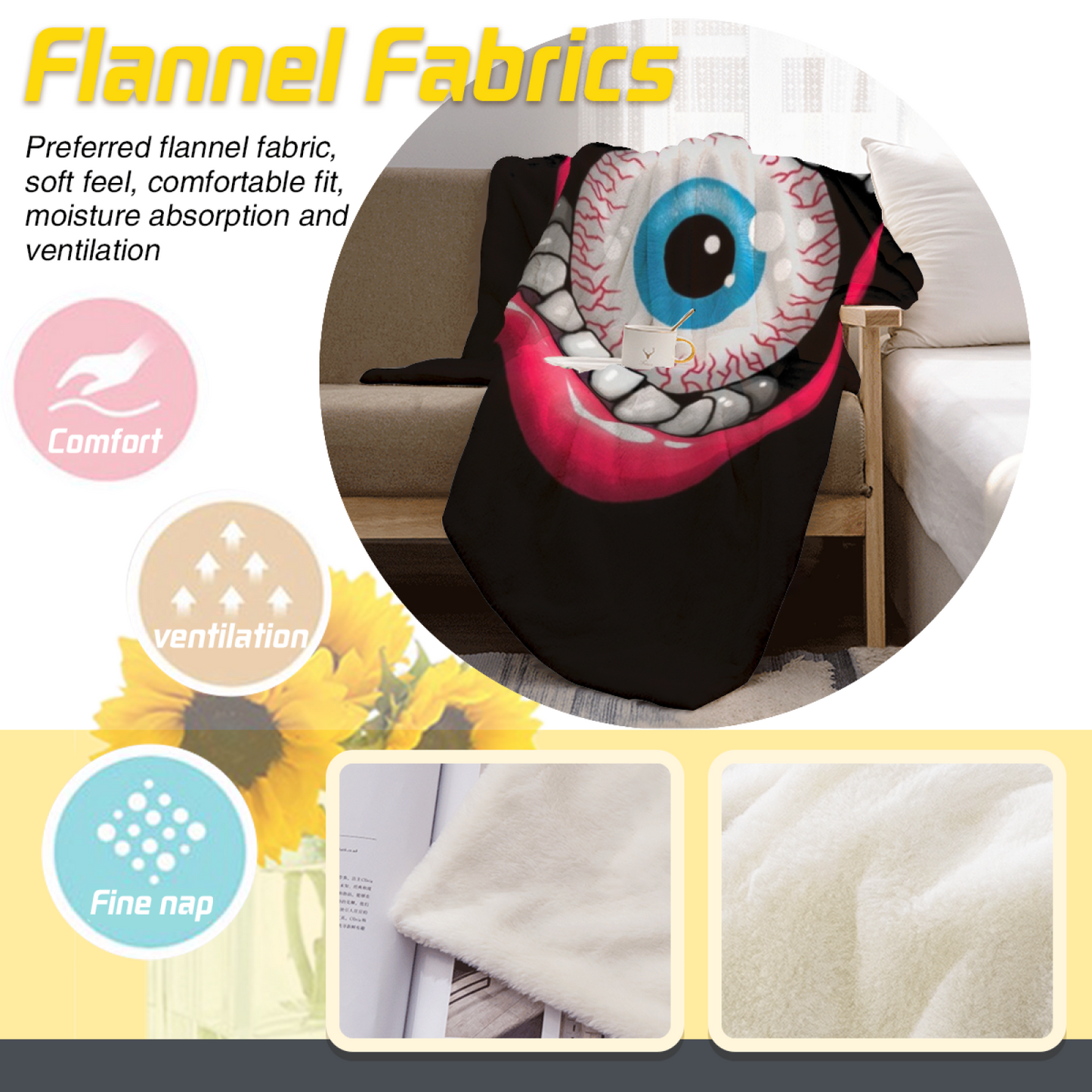 Giant Eye and Teeth Flannel Throw Blanket ¨C Bold Horror Mouth Graphic