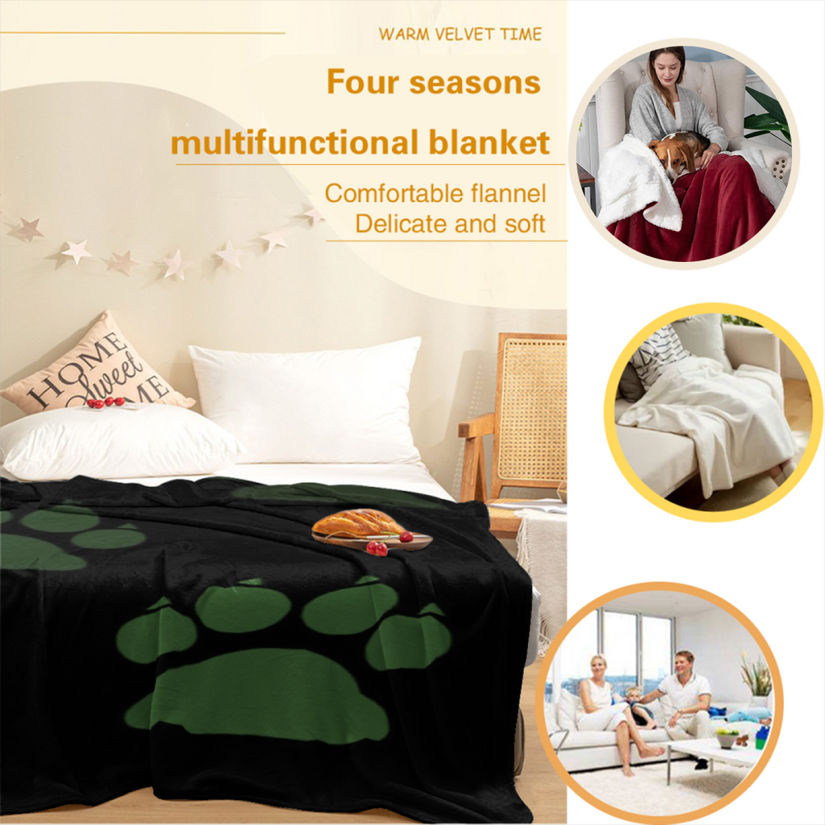 Green Paw Print Cozy Flannel Bed Blanket