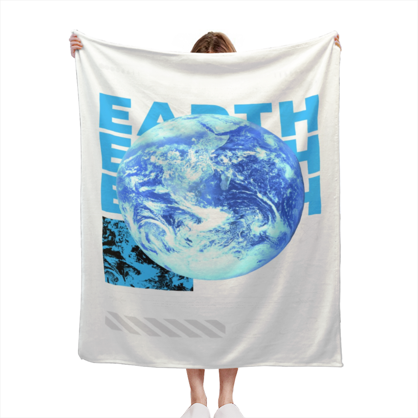 Earth Graphic Flannel Throw Blanket ¨C Blue Planet and Modern Typography Design