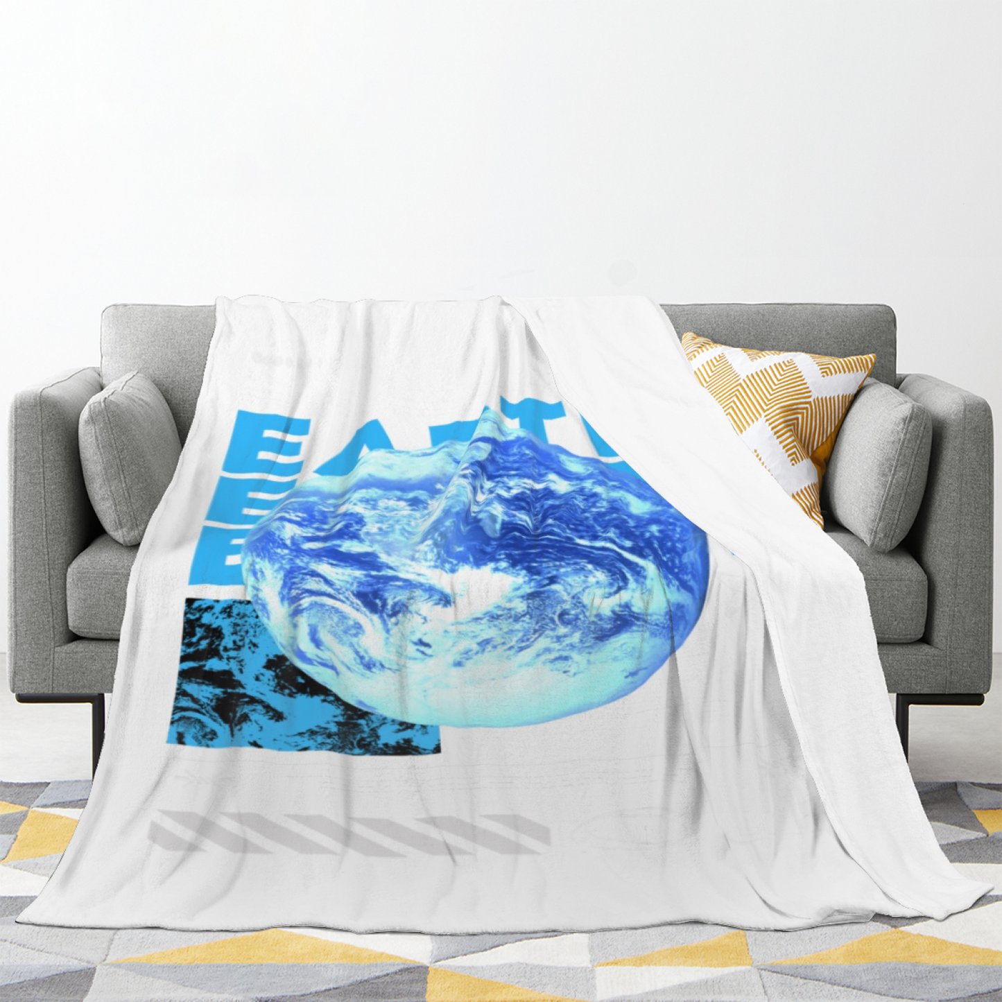 Earth Graphic Flannel Throw Blanket ¨C Blue Planet and Modern Typography Design