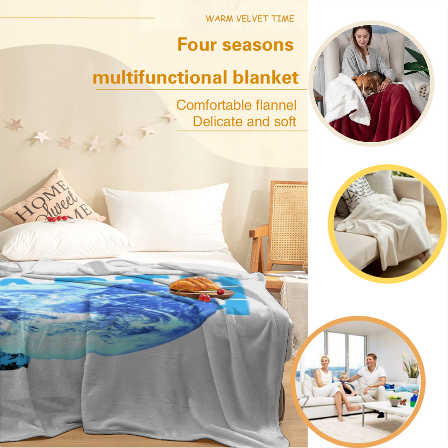 Earth Graphic Flannel Throw Blanket ¨C Blue Planet and Modern Typography Design