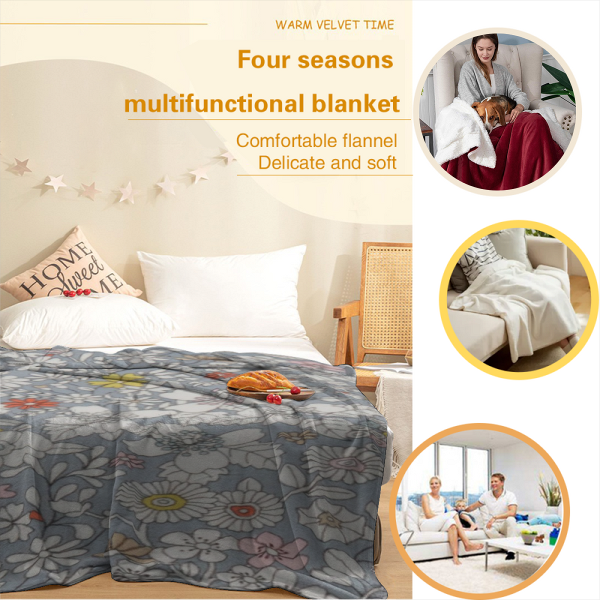 Gray Cottage Floral Decorative Flannel Blanket