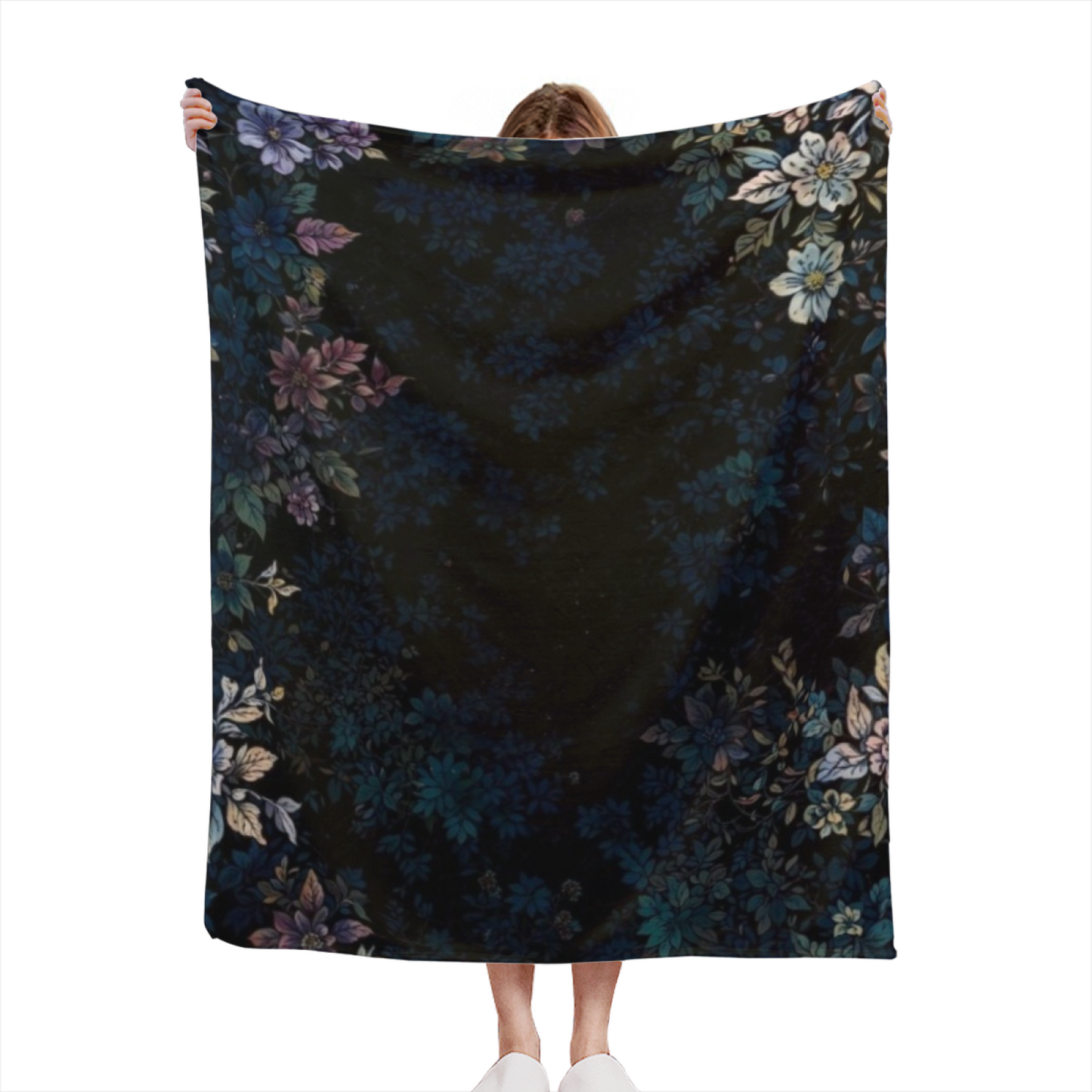 Midnight Blue Floral Flannel Throw Blanket ¨C Dark Botanical Garden Print