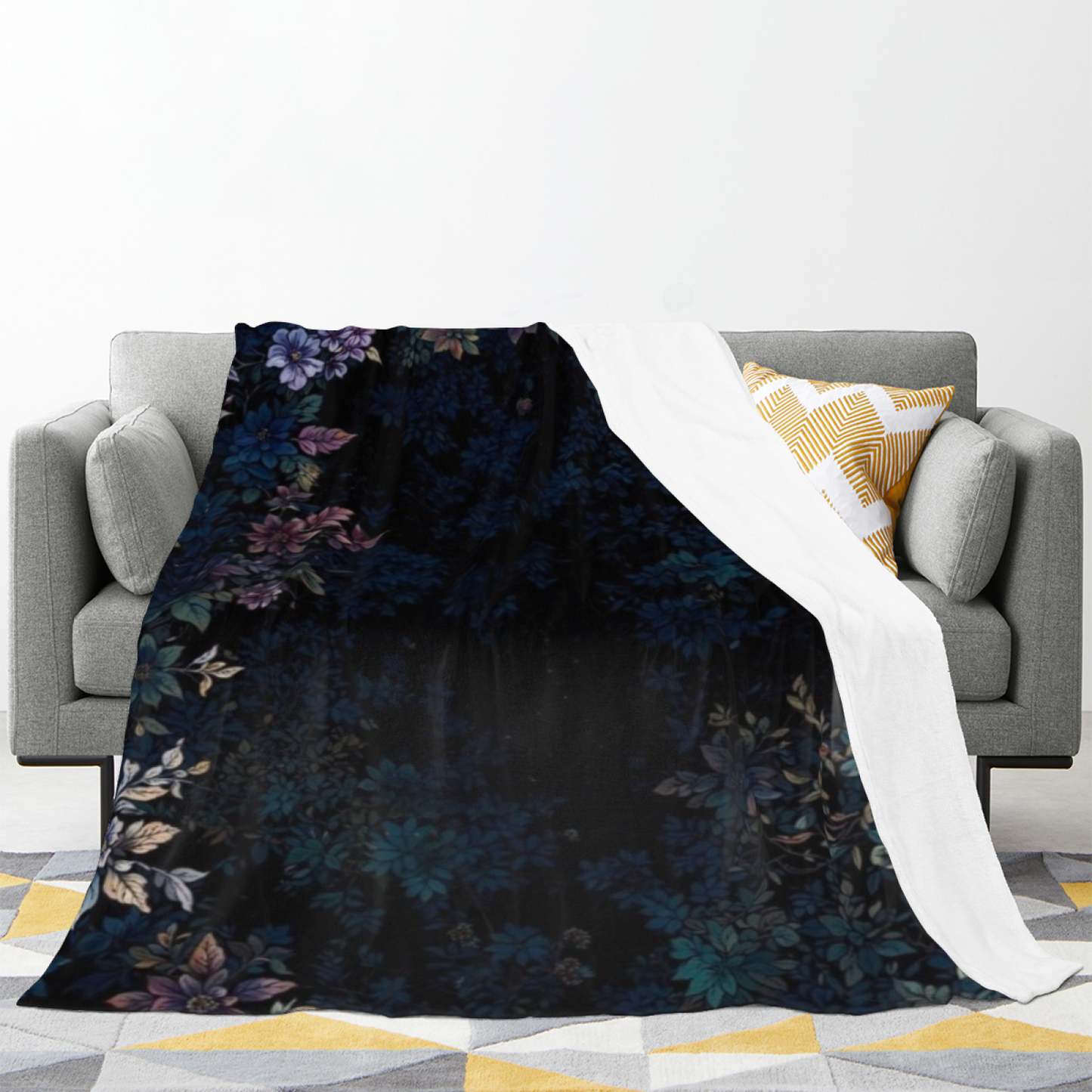 Midnight Blue Floral Flannel Throw Blanket ¨C Dark Botanical Garden Print