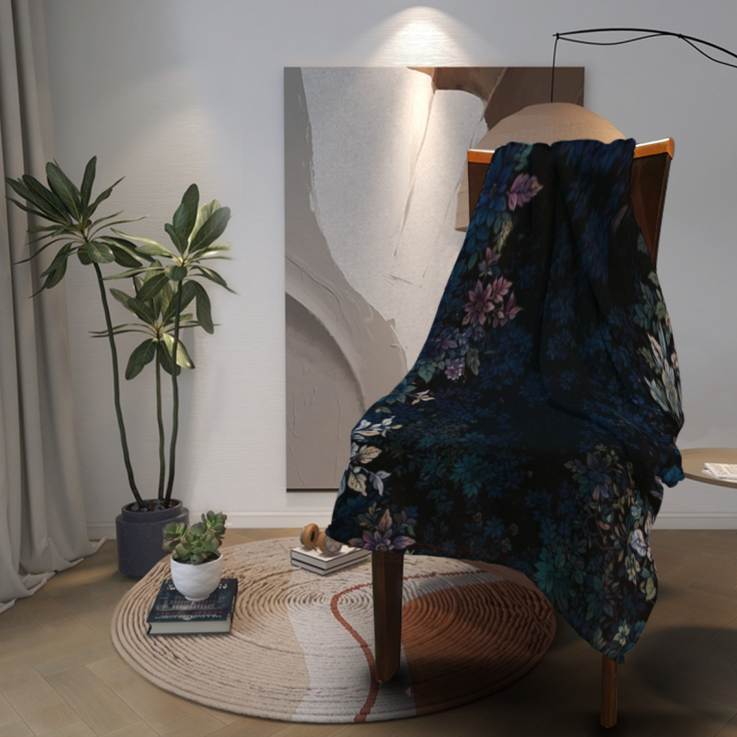 Midnight Blue Floral Flannel Throw Blanket ¨C Dark Botanical Garden Print