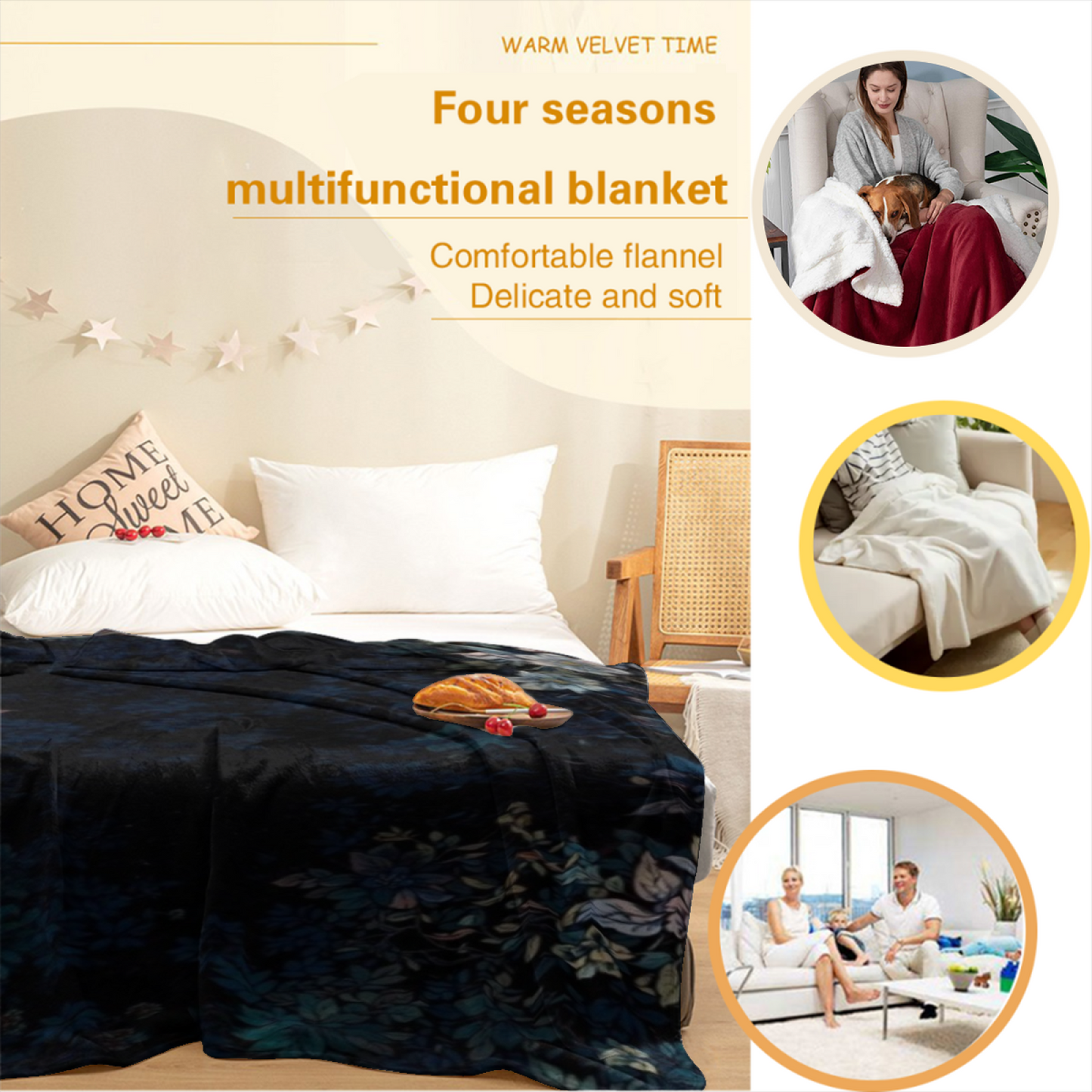 Midnight Blue Floral Flannel Throw Blanket ¨C Dark Botanical Garden Print