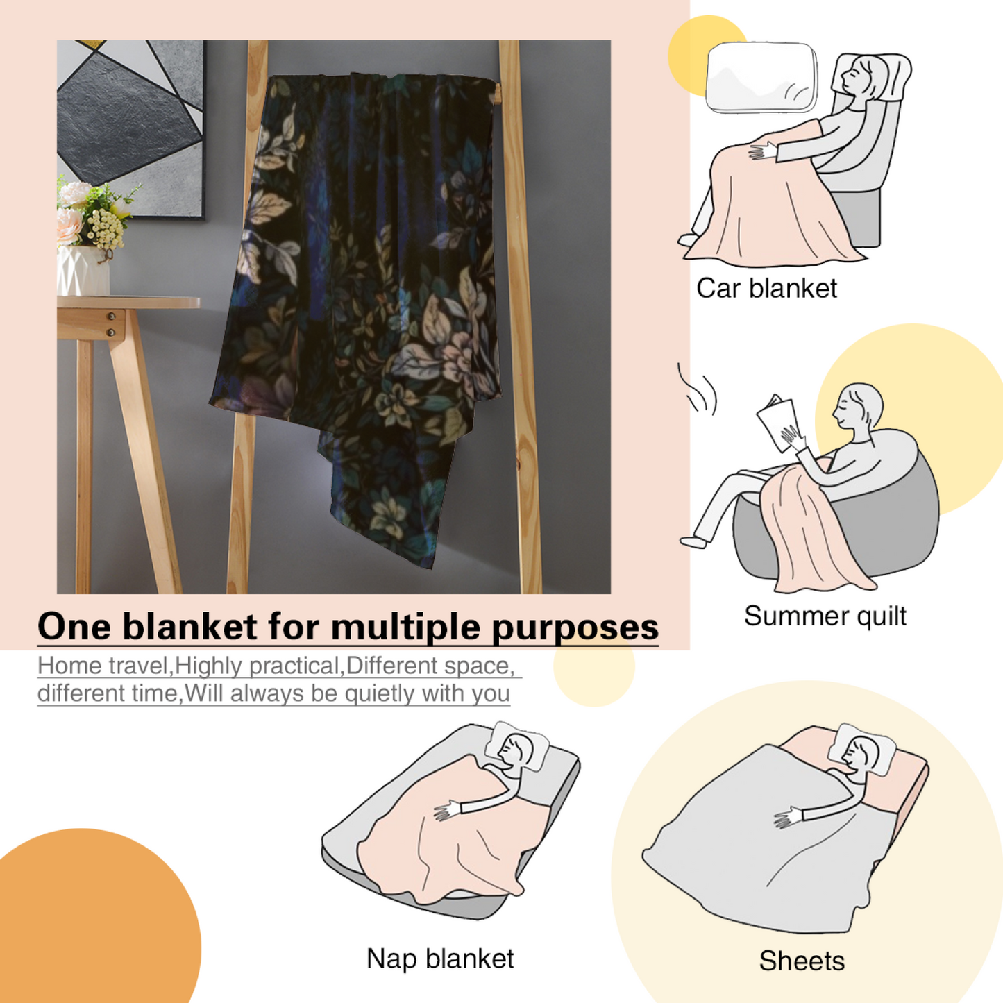 Midnight Blue Floral Flannel Throw Blanket ¨C Dark Botanical Garden Print
