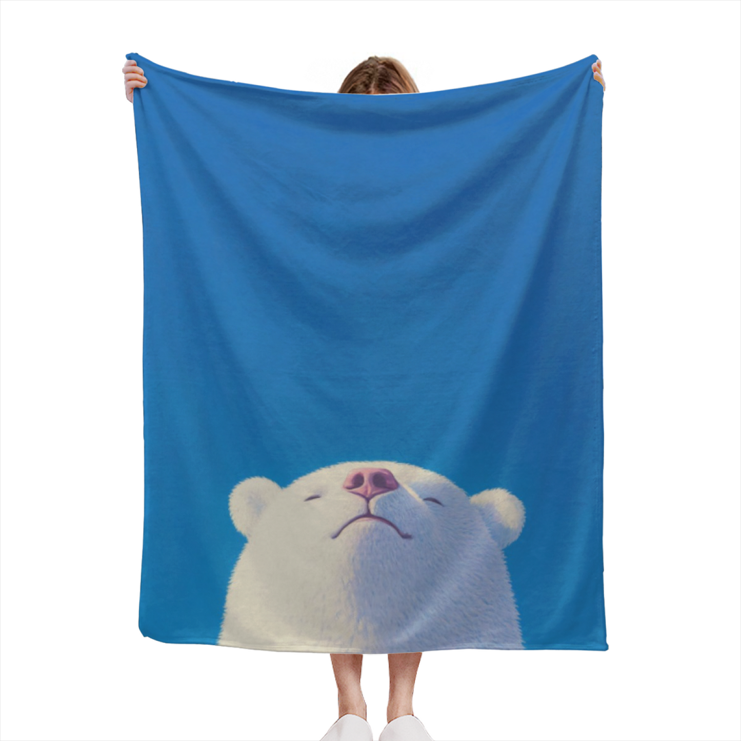 Sleepy White Bear Flannel Throw Blanket ¨C Blue Background Cozy Cartoon Print