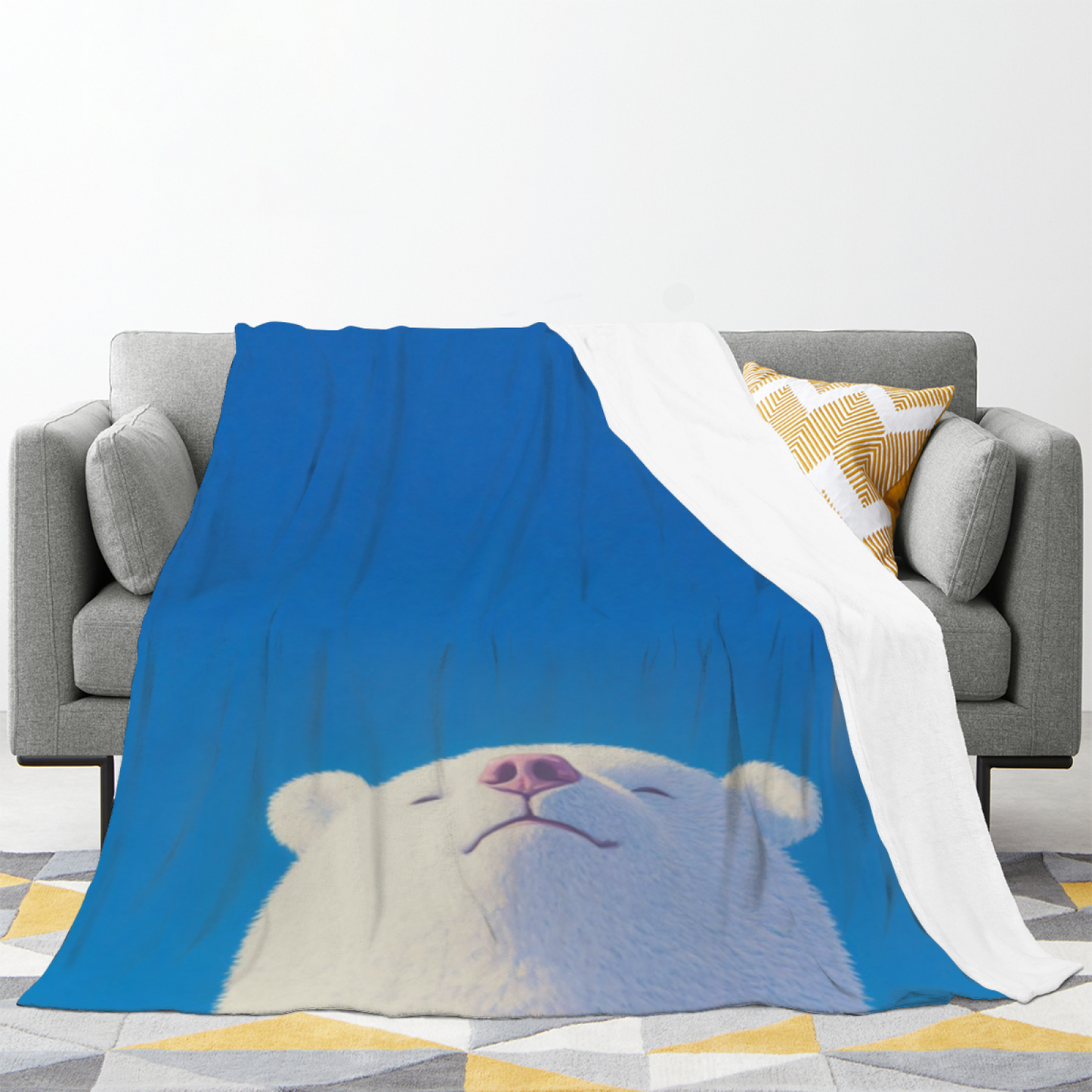 Sleepy White Bear Flannel Throw Blanket ¨C Blue Background Cozy Cartoon Print