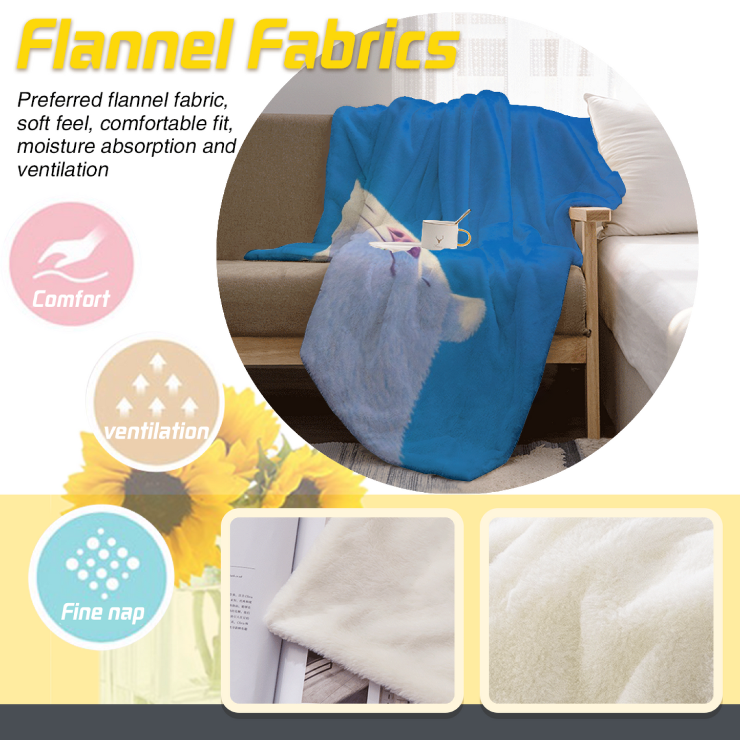 Sleepy White Bear Flannel Throw Blanket ¨C Blue Background Cozy Cartoon Print