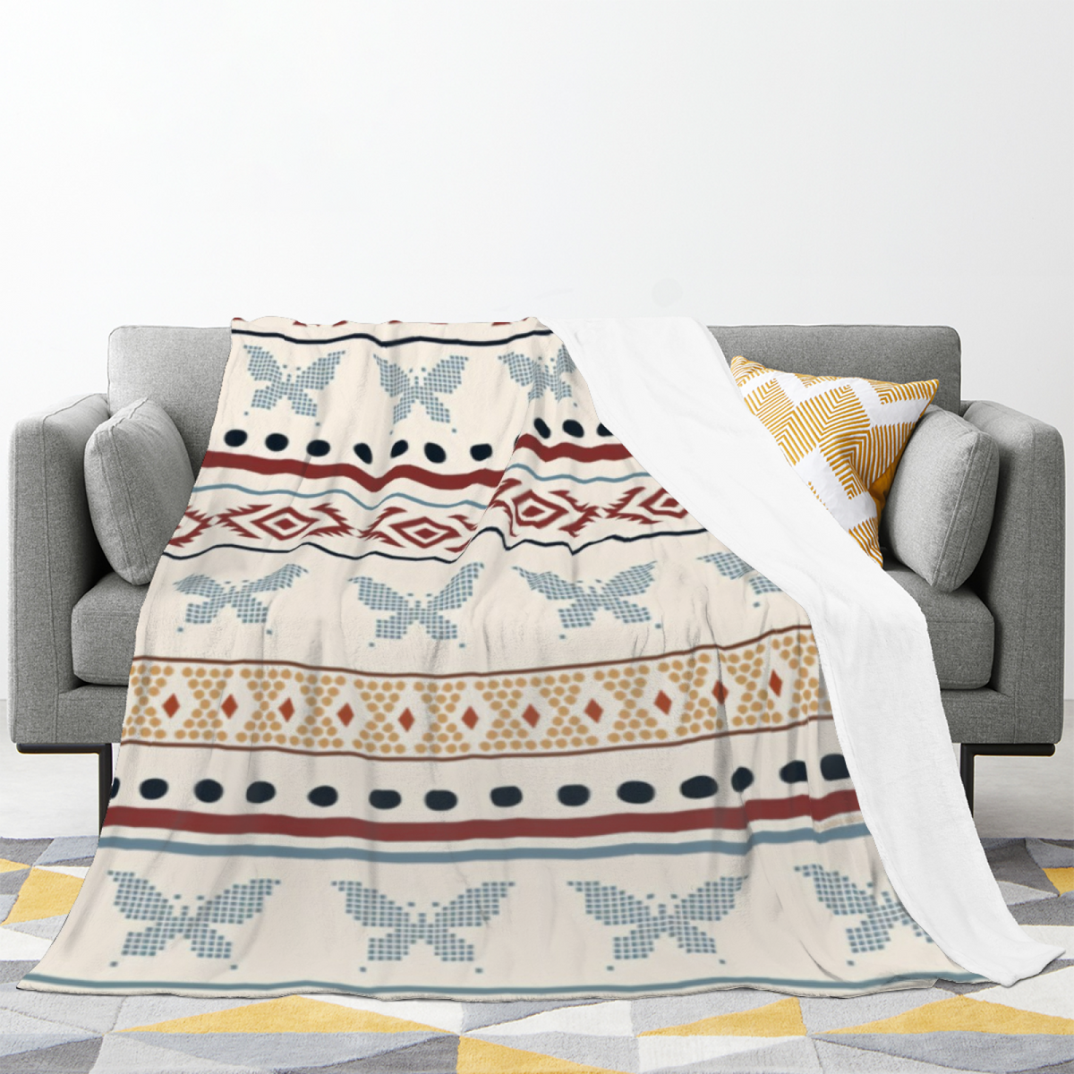Cobalt Meadow Ivory Contemporary Cozy Flannel Bed Blanket