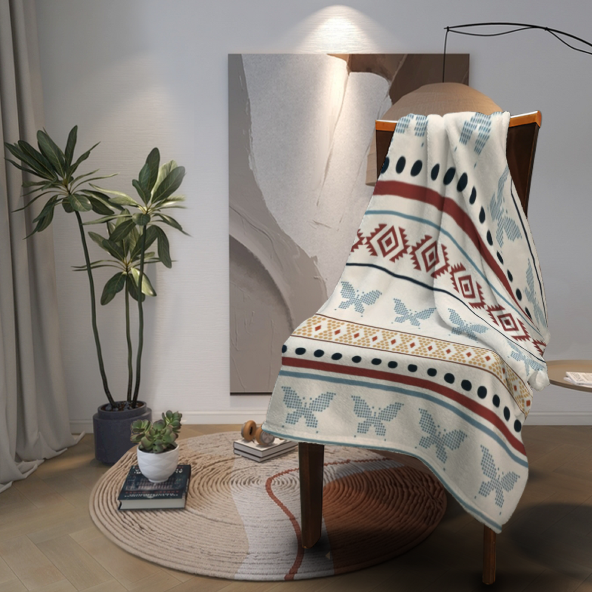 Cobalt Meadow Ivory Contemporary Cozy Flannel Bed Blanket