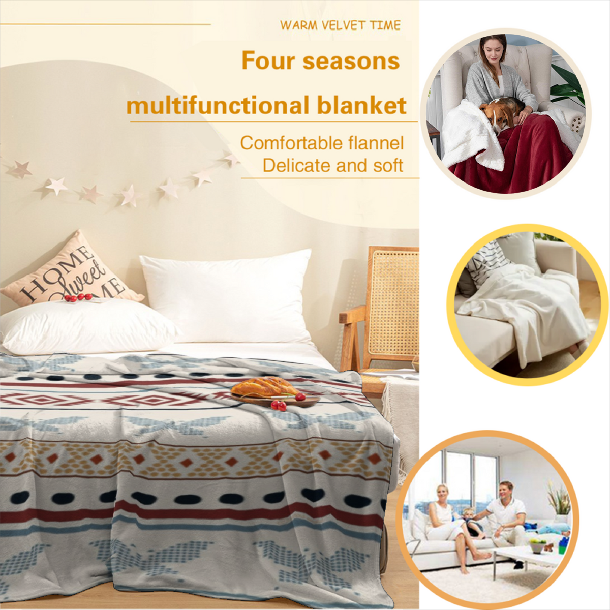 Cobalt Meadow Ivory Contemporary Cozy Flannel Bed Blanket