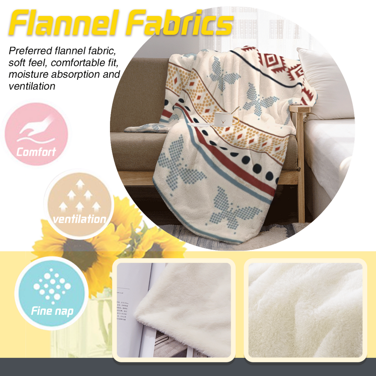 Cobalt Meadow Ivory Contemporary Cozy Flannel Bed Blanket