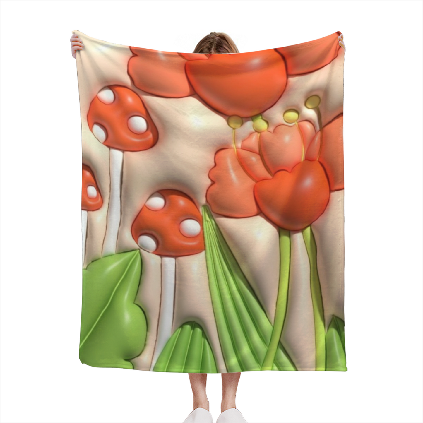 Orange Mushroom Flannel Throw Blanket ¨C Cute Woodland Mushroom and Flower Art