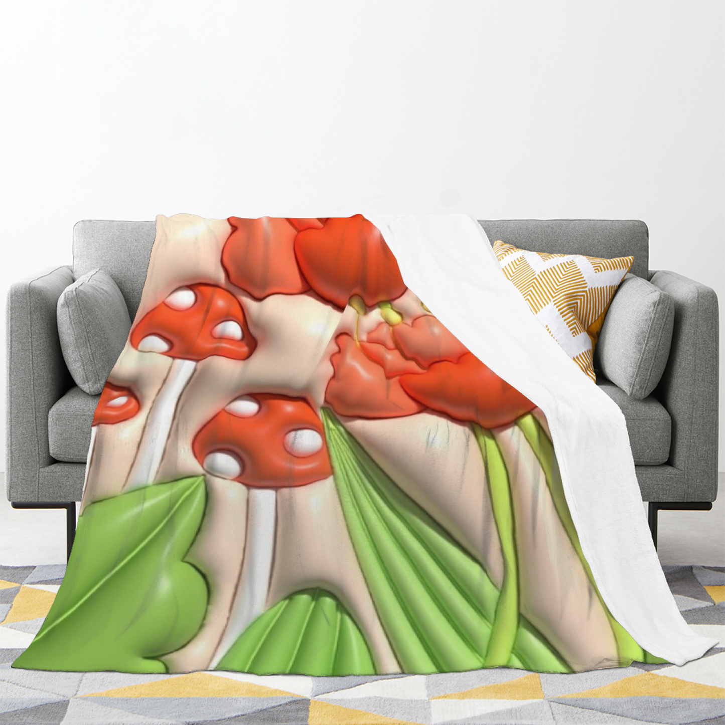 Orange Mushroom Flannel Throw Blanket ¨C Cute Woodland Mushroom and Flower Art